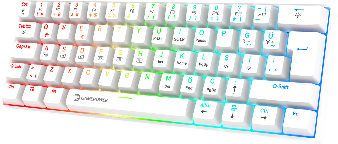 GamePower Lyra RGB 60M 62Tuş Beyaz Mekanik Kablolu Blue Switch Klavye - 3 Yıl Garantili