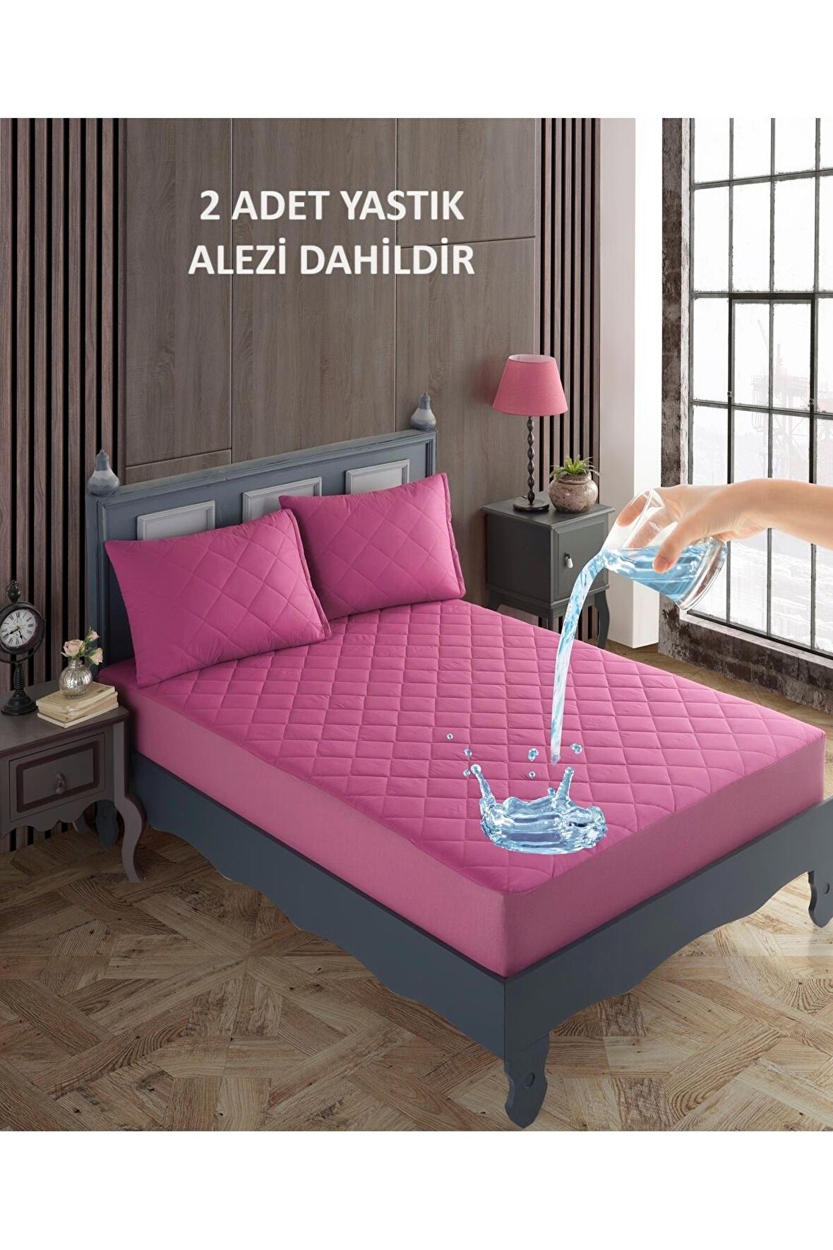 Çift Kişilik Yastıklı Yatak Alez Seti %100 Pamuk Kapitone Su Sıvı Geçirmez Yatak ve Yastık Koruyucu