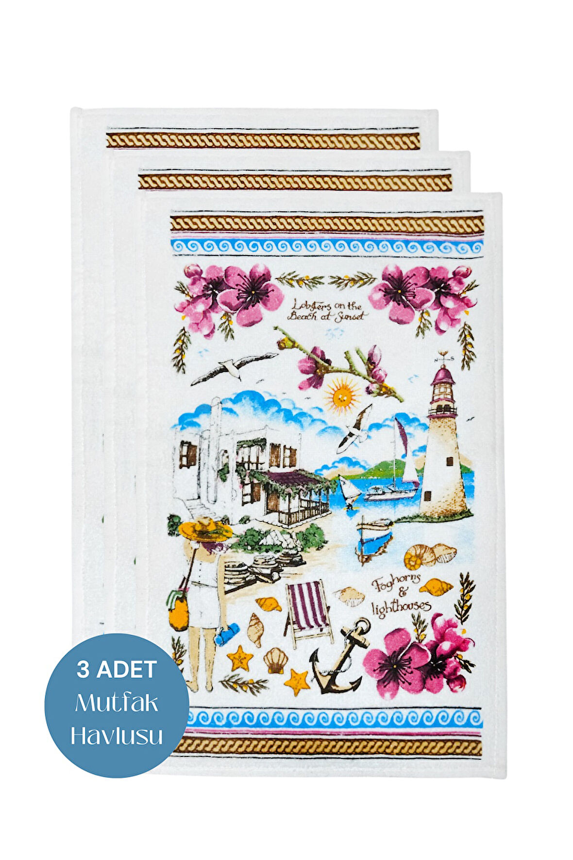 3lü Paket Baskılı Beyaz Mutfak Havlusu Modeli