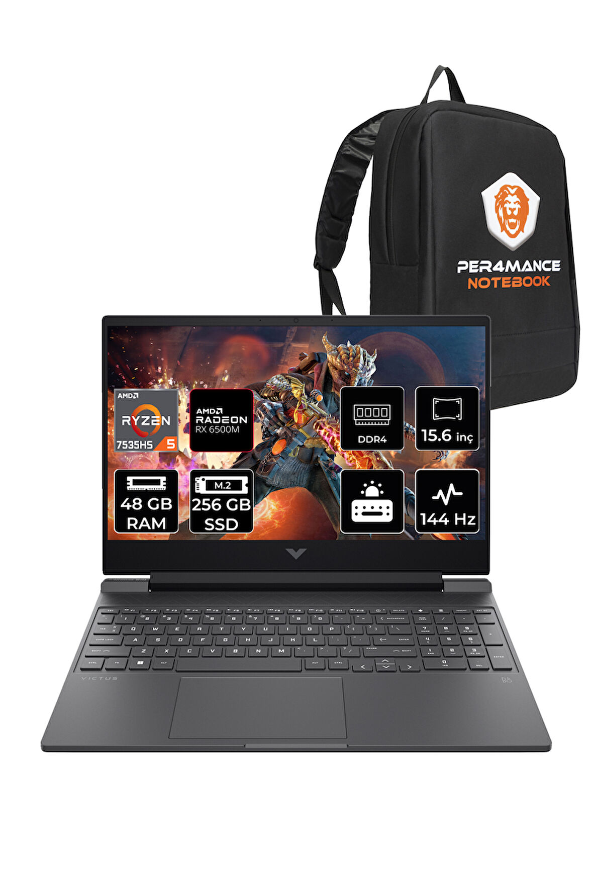 HP Victus 15 R5 7535HS 48GB 256GB SSD RX6550M/4GB 144Hz 15.6'' FHD FDOS Gaming Laptop & PER4 ÇANTA