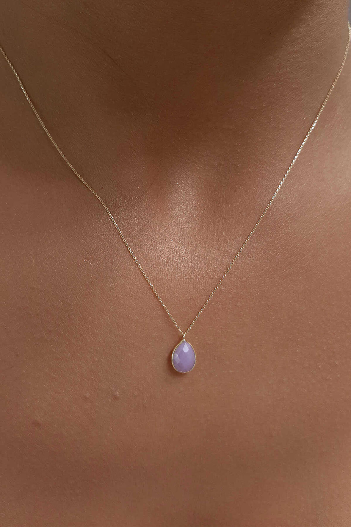 14 Ayar Altın Pembe Kuvars Damla Kolye