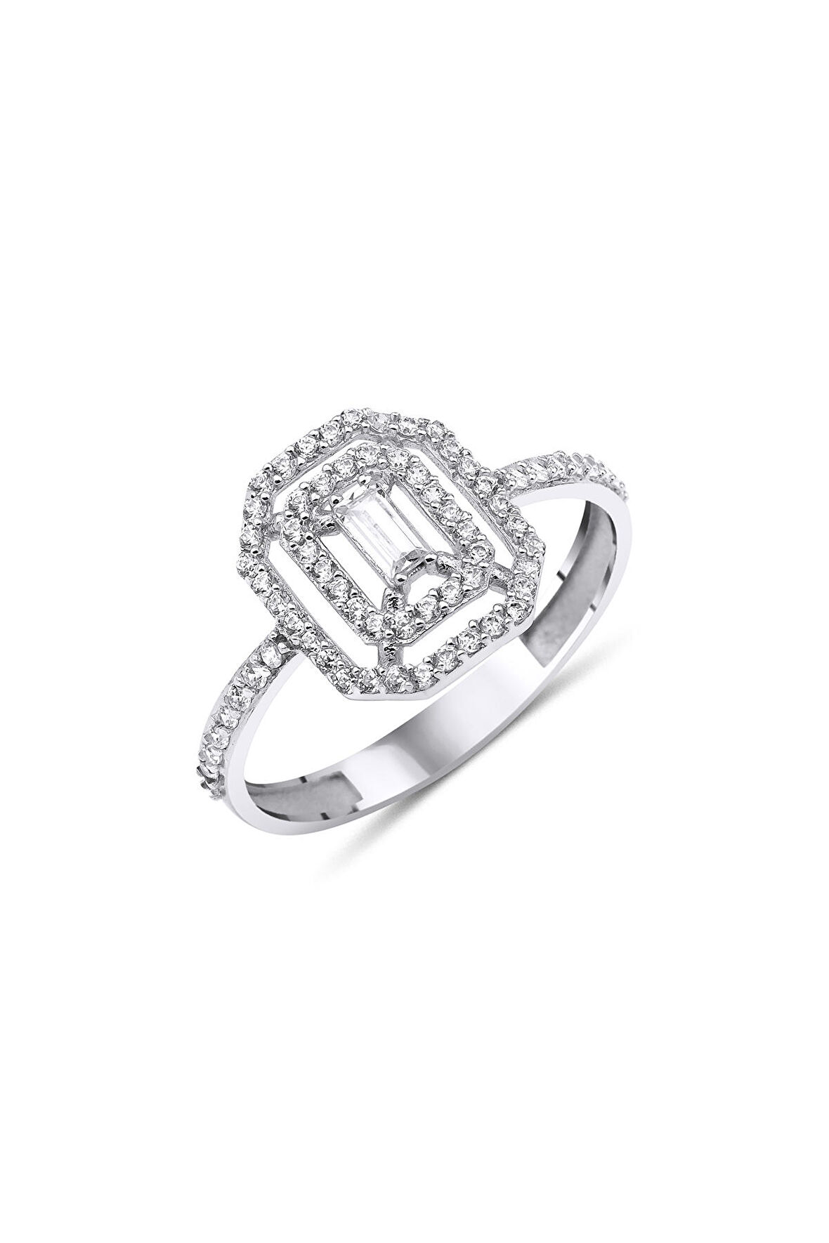 14 Ayar Altın Beyaz Şerit Detaylı Baget Yüzük