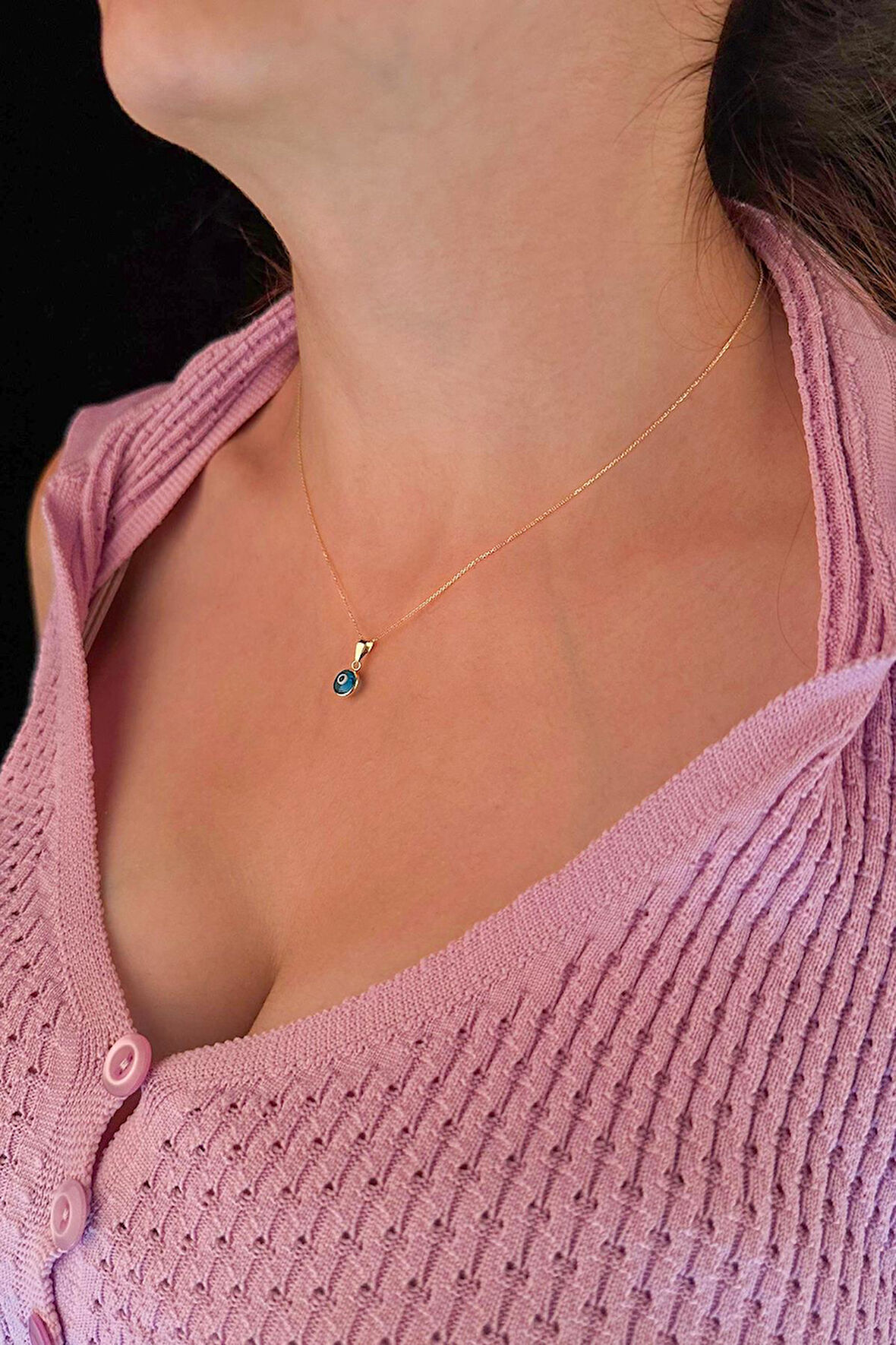 14 Ayar Altın Hayalet Zincir Mavi Gözlü Nazar Kolye