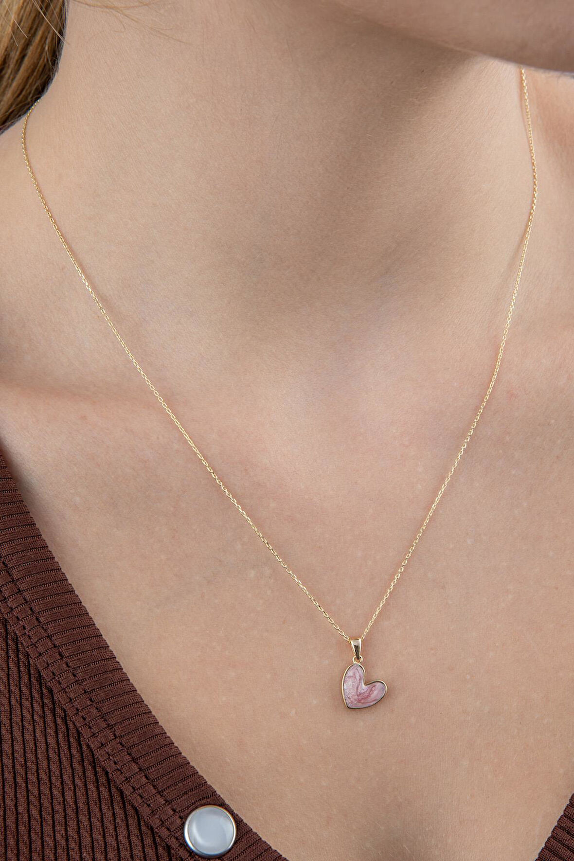 14 Ayar Altın Pembe Mineli Mini Kalp Kolye