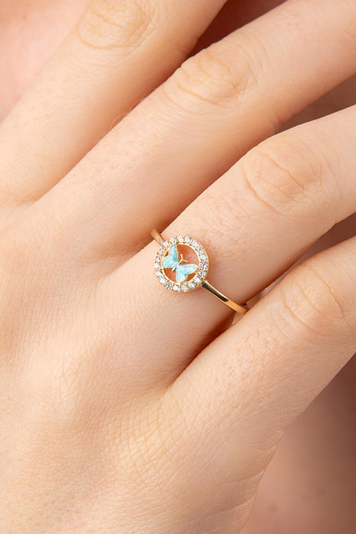 14 Ayar Altın Taşlı Mavi Mineli Kelebek Yüzük