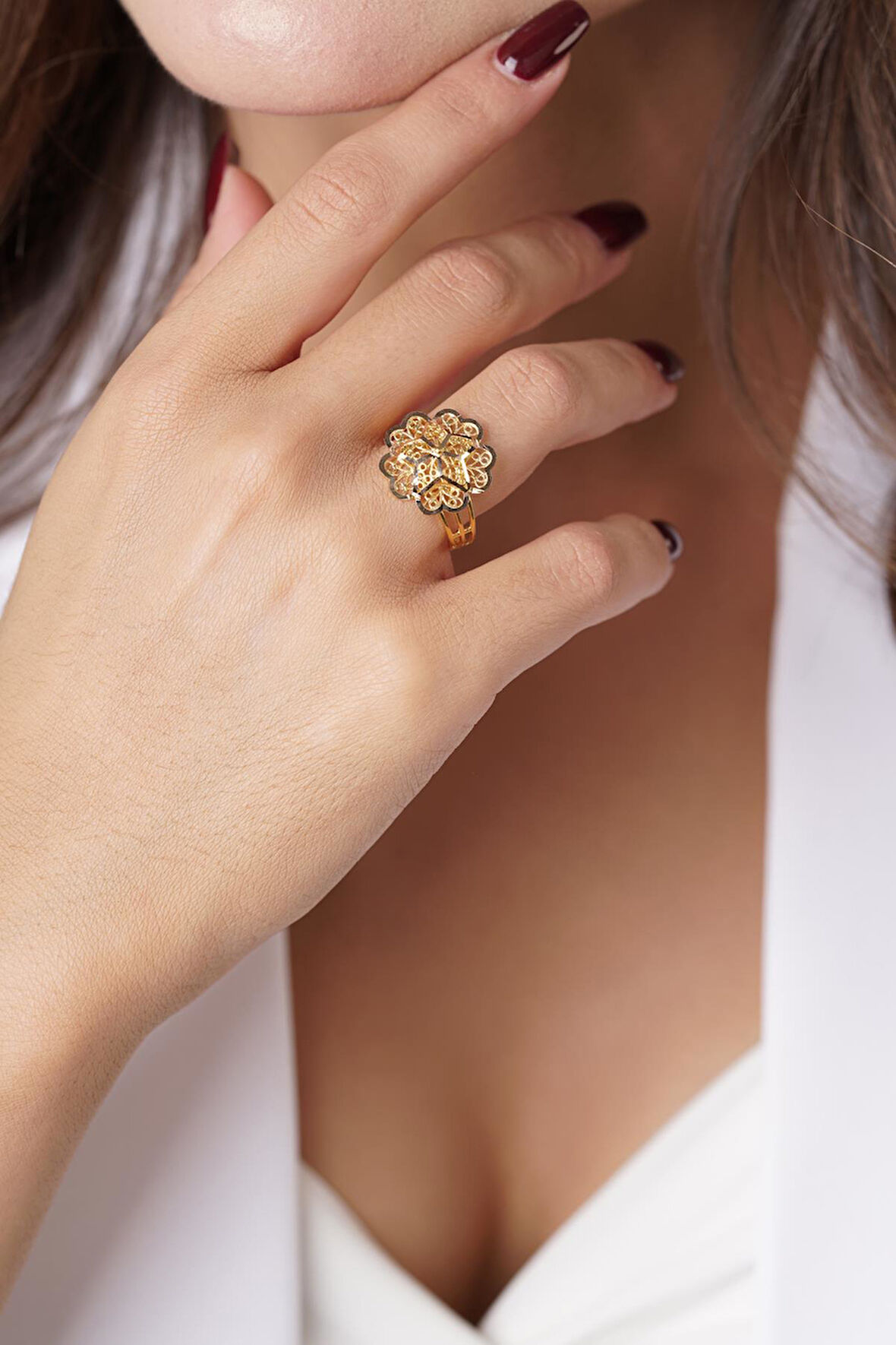 14 Ayar Altın Gül Motifli Telkari Yüzük - Anne Yüzüğü