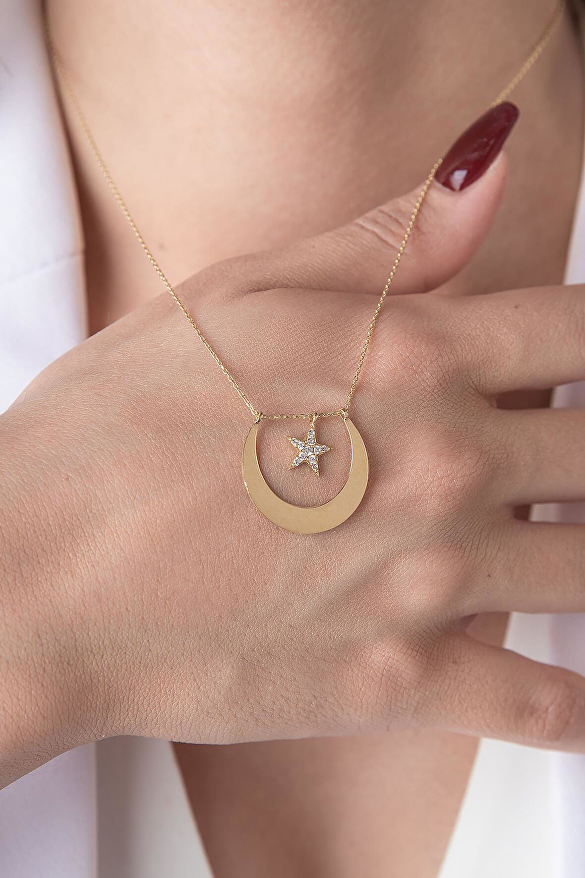 14 Ayar Altın Ters Ay Yıldız Kolye