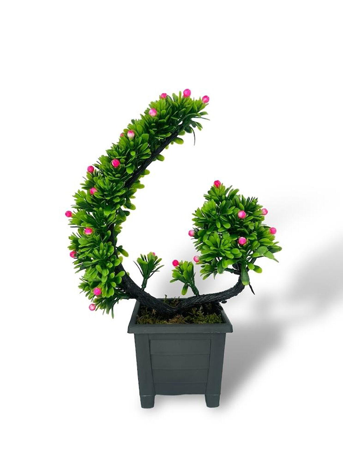 Yapay Çiçek Bonsai Ağacı Pembe Eğik Model Dekoratif Yapay Ağaç Bonzai 30*22 CM Siyah Kare Saksıda