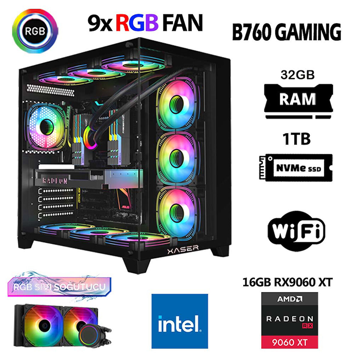 Xaser Lexus x820 i9 14900KF 32GB DDR5 Ram 1TB M.2 NVMe SSD 16GB RX9060 XT Sıvı Soğutmalı Masaüstü Oyuncu Bilgisayarı