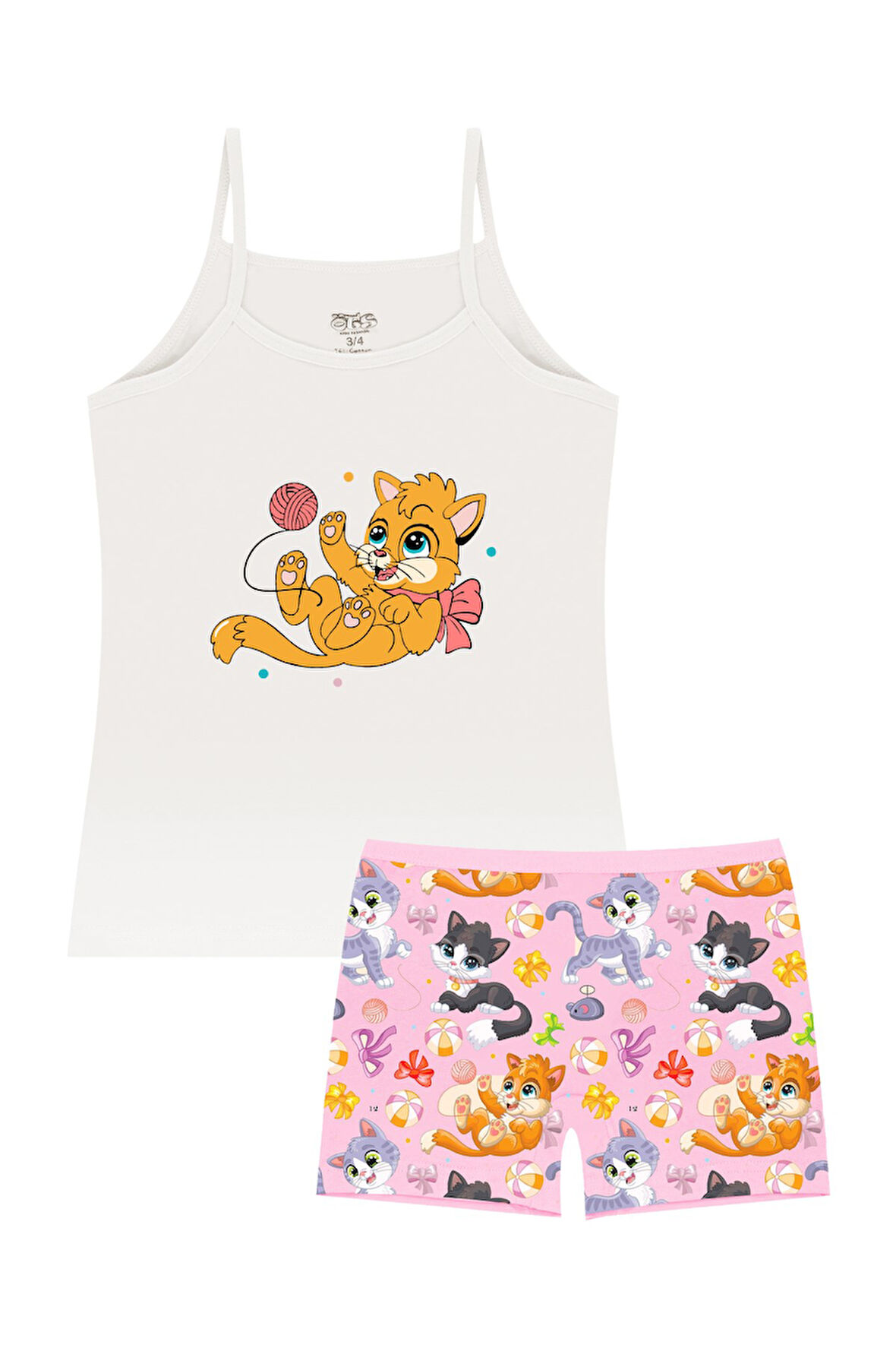 Öts Kız Çocuk Atlet Boxer Likralı Ekru Kedi (%96 Pamuk - %4 Elastan)
