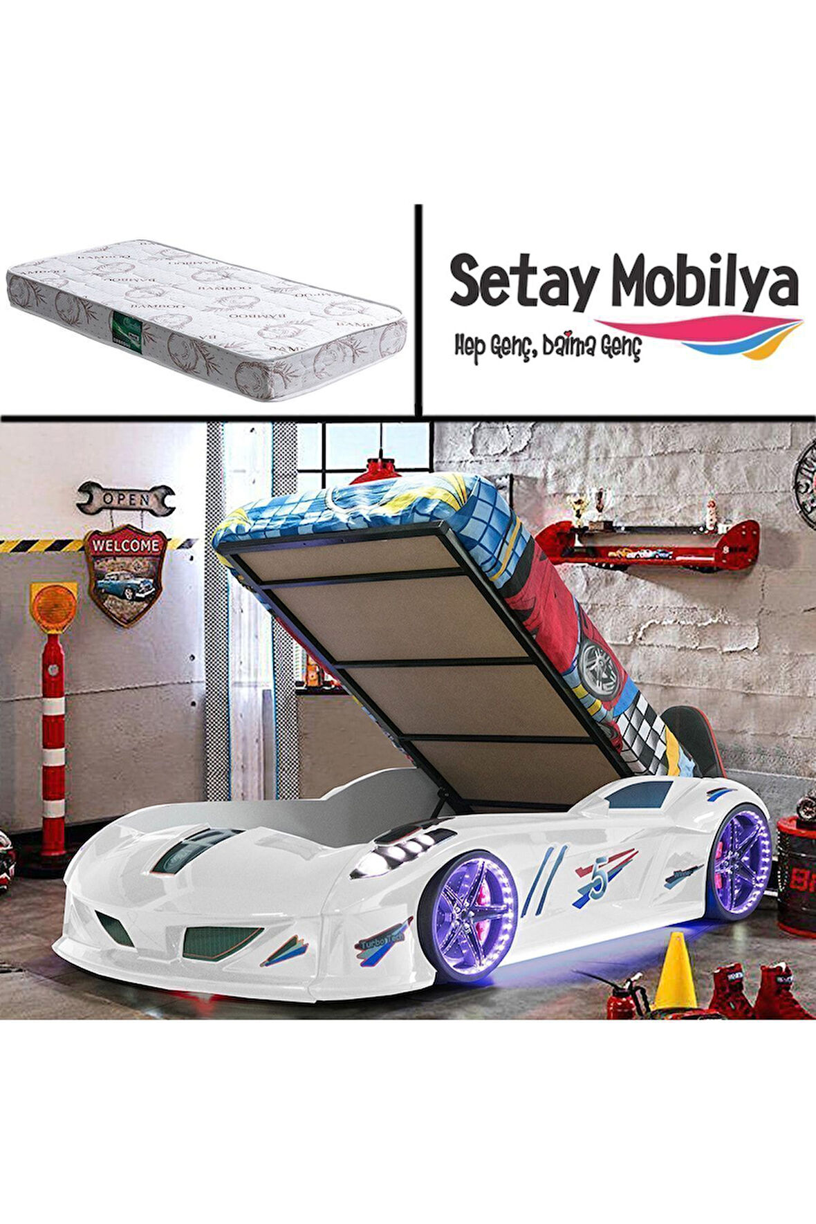 Arabalı Yatak, Jaguar Bazalı Koltuklu Full Ledli Arabalı Yatak - Beyaz 1 Adet Comfort Yatak