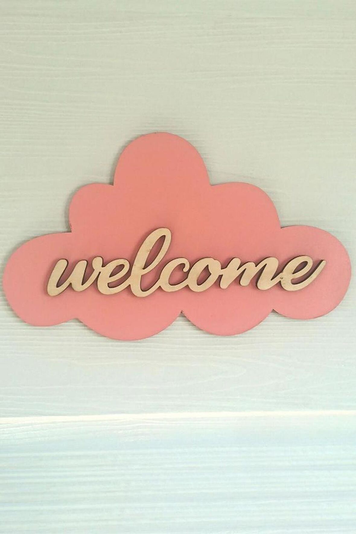 Welcome Yazılı Pembe Bulut Kapı Süsü Ahşap Kapı Duvar Süsü
