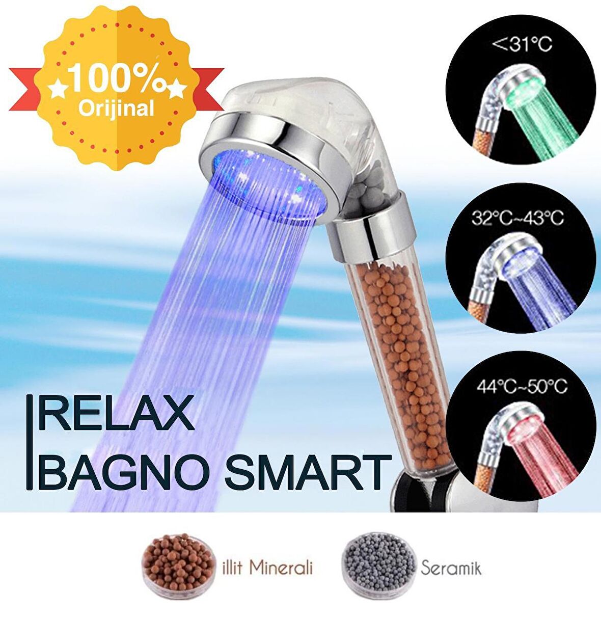 Relax Bagno Led Işıklı Su Tasarruflu Arıtmalı Duş Başlığı - Isıya Duyarlı