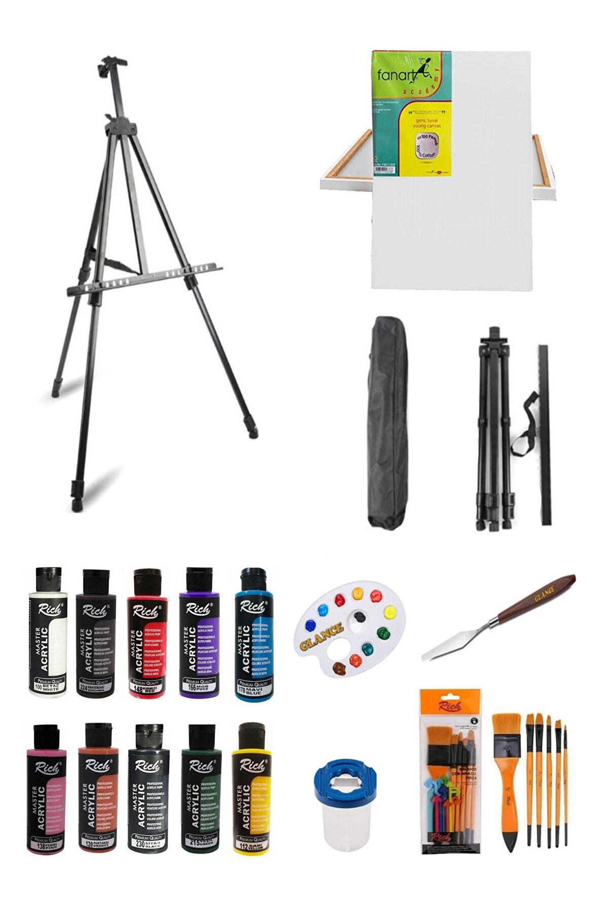 Rich 120 Cc Akrilik Boya - 50x70 Tuval -portatif Metal Şövale Seti Ayarlanabilir