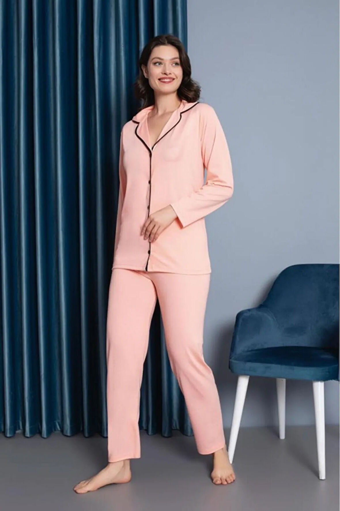 Kadın %100 Pamuk Uzun kol Önden Düğmeli Pijama Takım