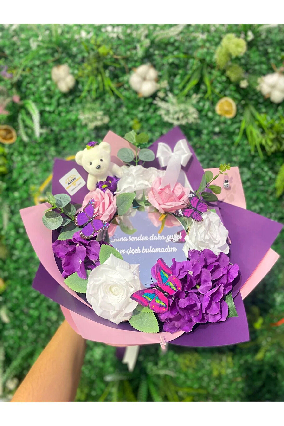 Aynalı Çiçek Buketi Mor-Pembe-Beyaz