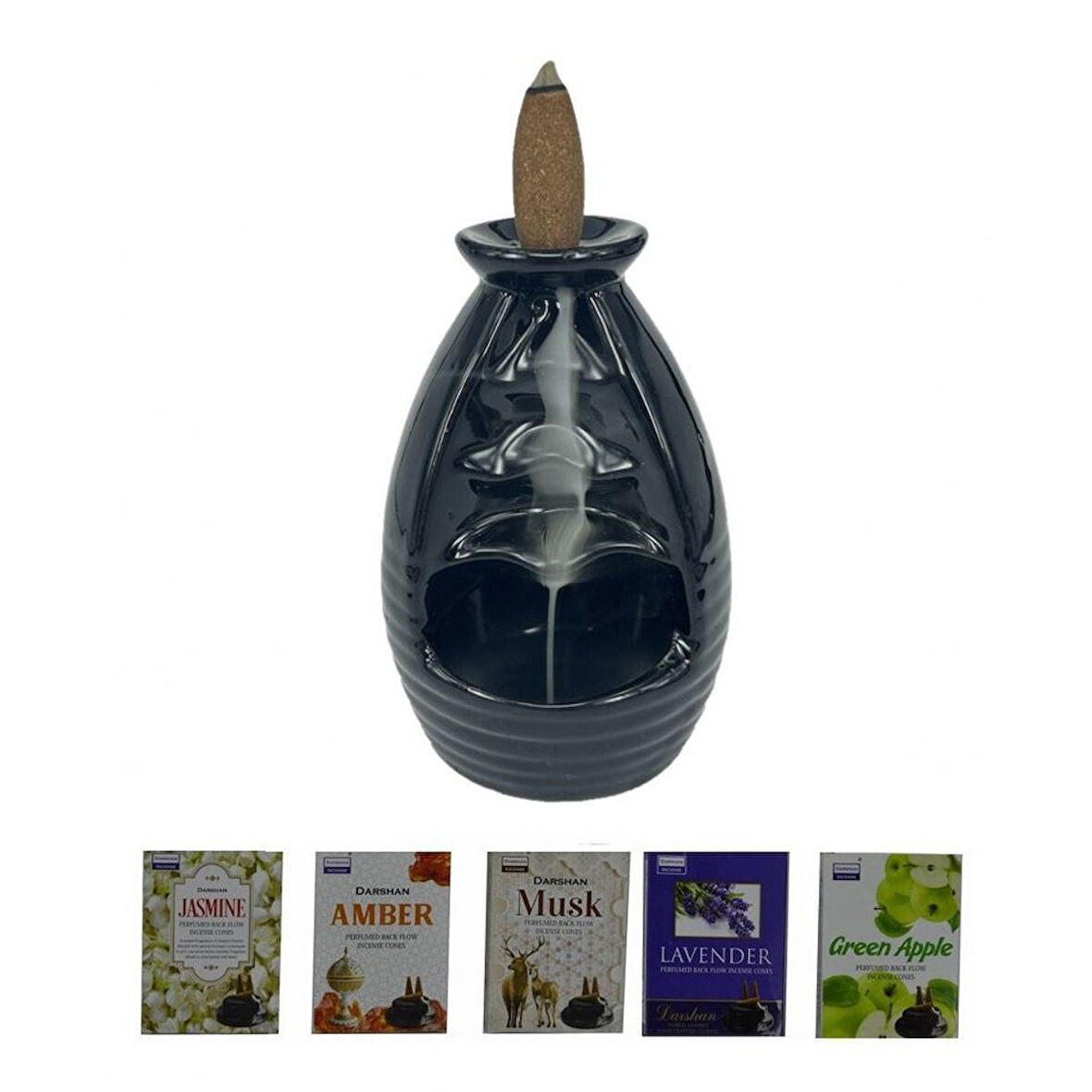 Porselen Geri Akış Tütsü Brülörü +5 Aromatik Tütsü CA4 Siyah