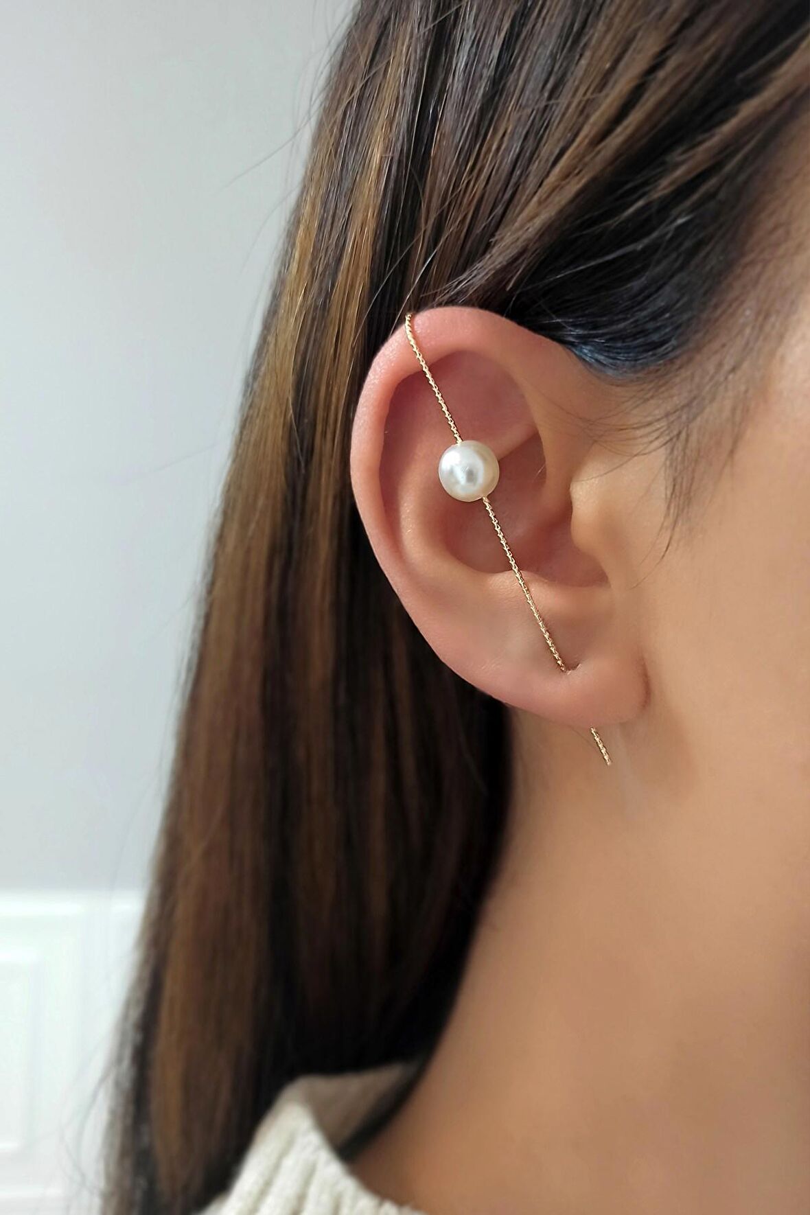 Tekli Baston Küpe İncili Ear Cuff / Kıkırdak Küpe TrKüpe3739 B34003