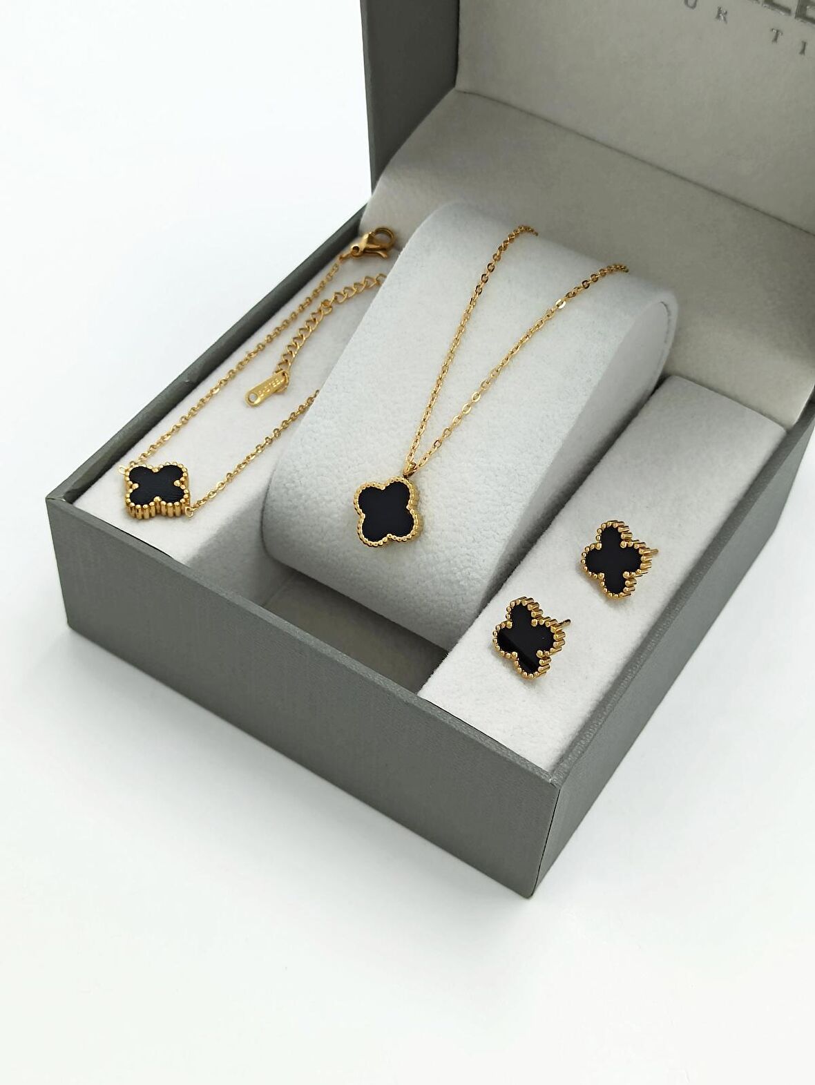 3'lü Çelik Çift Taraflı Sedefli Yonca Kolye Set Van Cleef Model Kolye Küpe Bileklik Set 