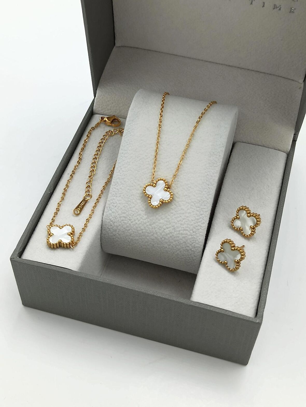 3'lü Çelik Çift Taraflı Sedefli Yonca Kolye Set Van Cleef Model Kolye Küpe Bileklik Set 