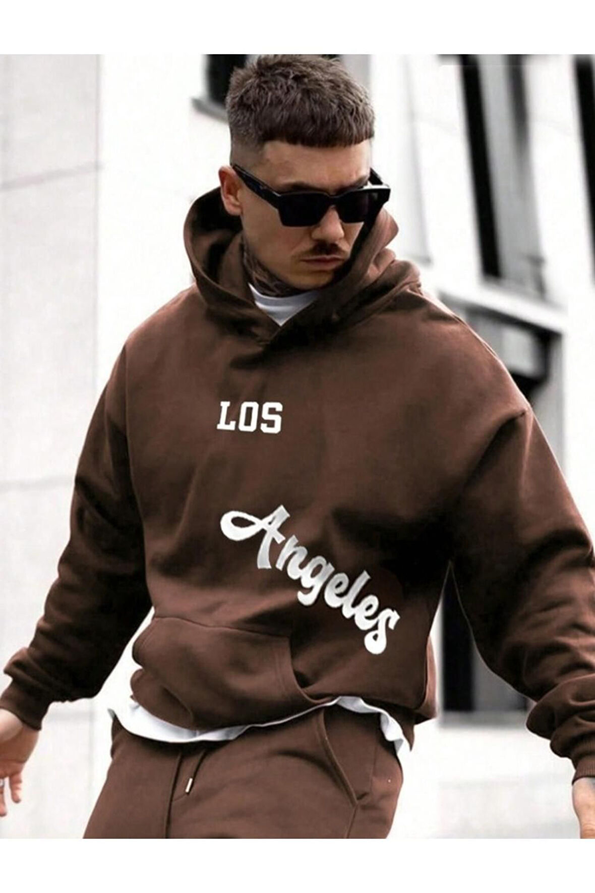 Erkek Kahverengi Los Angeles Baskılı Oversize Kapşonlu Sweatshirt