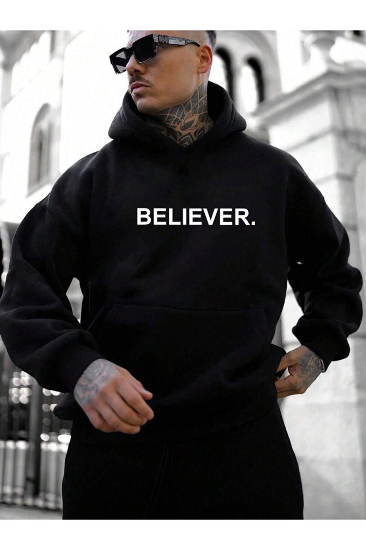 Erkek Believer Baskılı Oversize Kapşonlu Sweatshirt