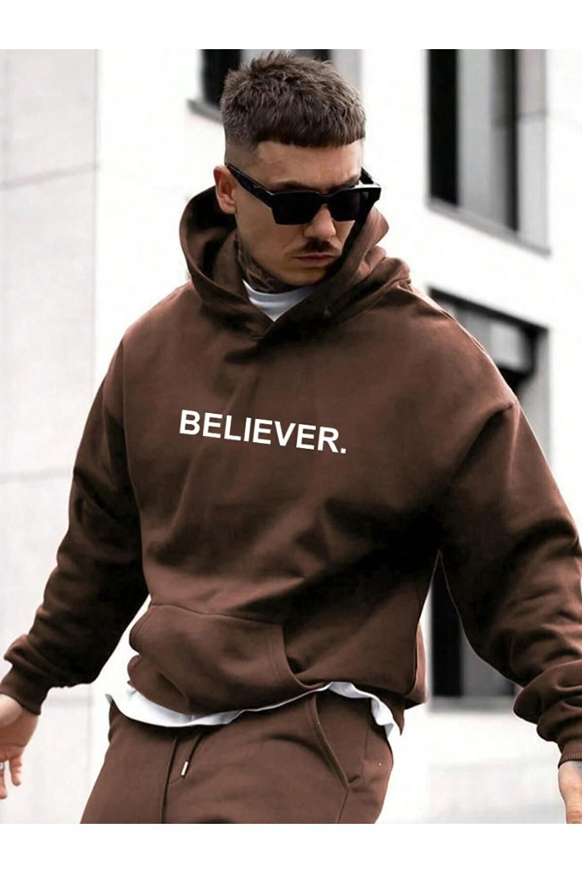 Erkek Believer Baskılı Oversize Kapşonlu Sweatshirt