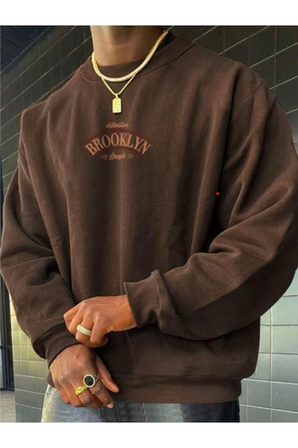 Erkek Brooklyn Lought Baskılı Oversize Bisiklet Yaka Sweatshirt