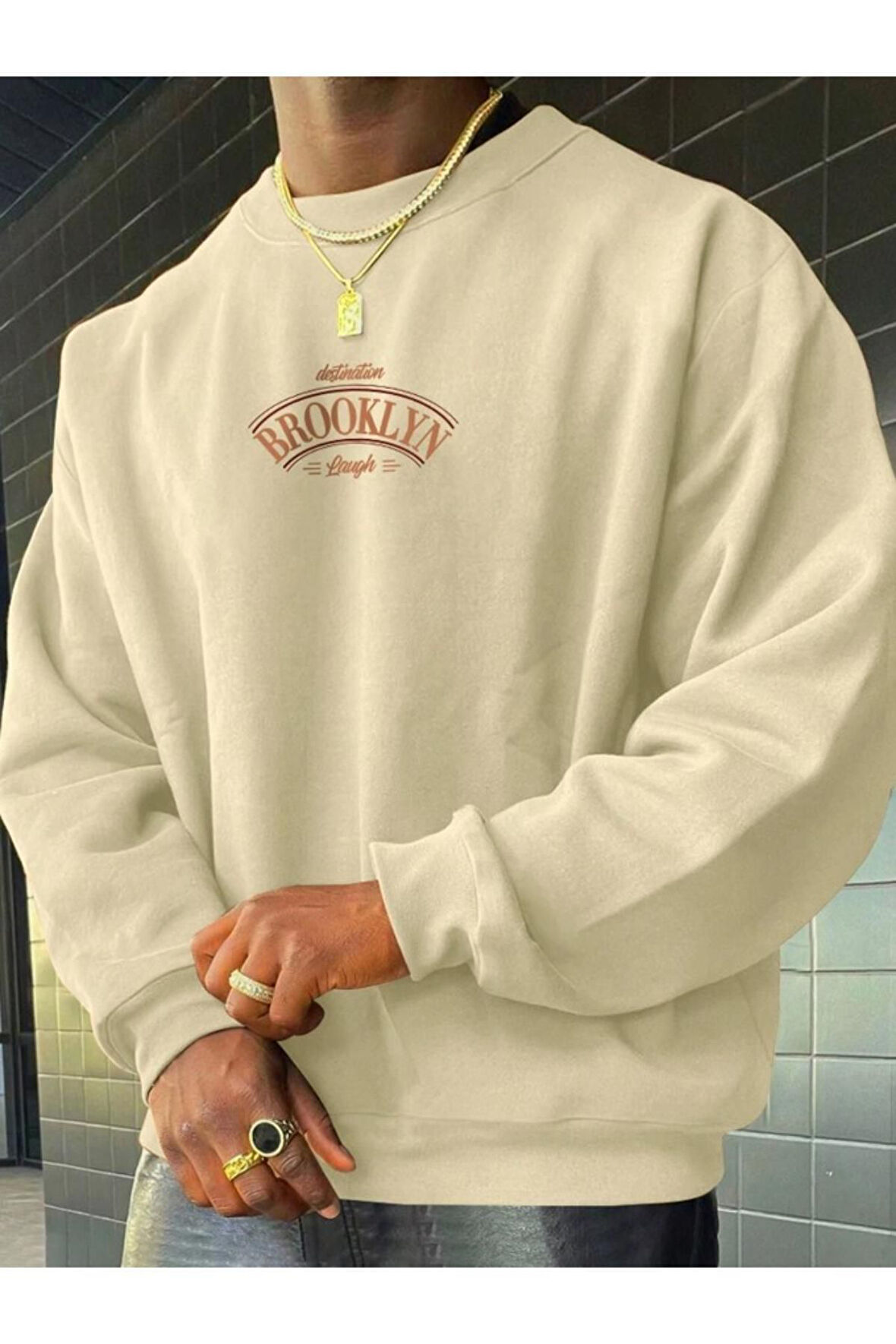 Erkek Brooklyn Lought Baskılı Oversize Bisiklet Yaka Sweatshirt