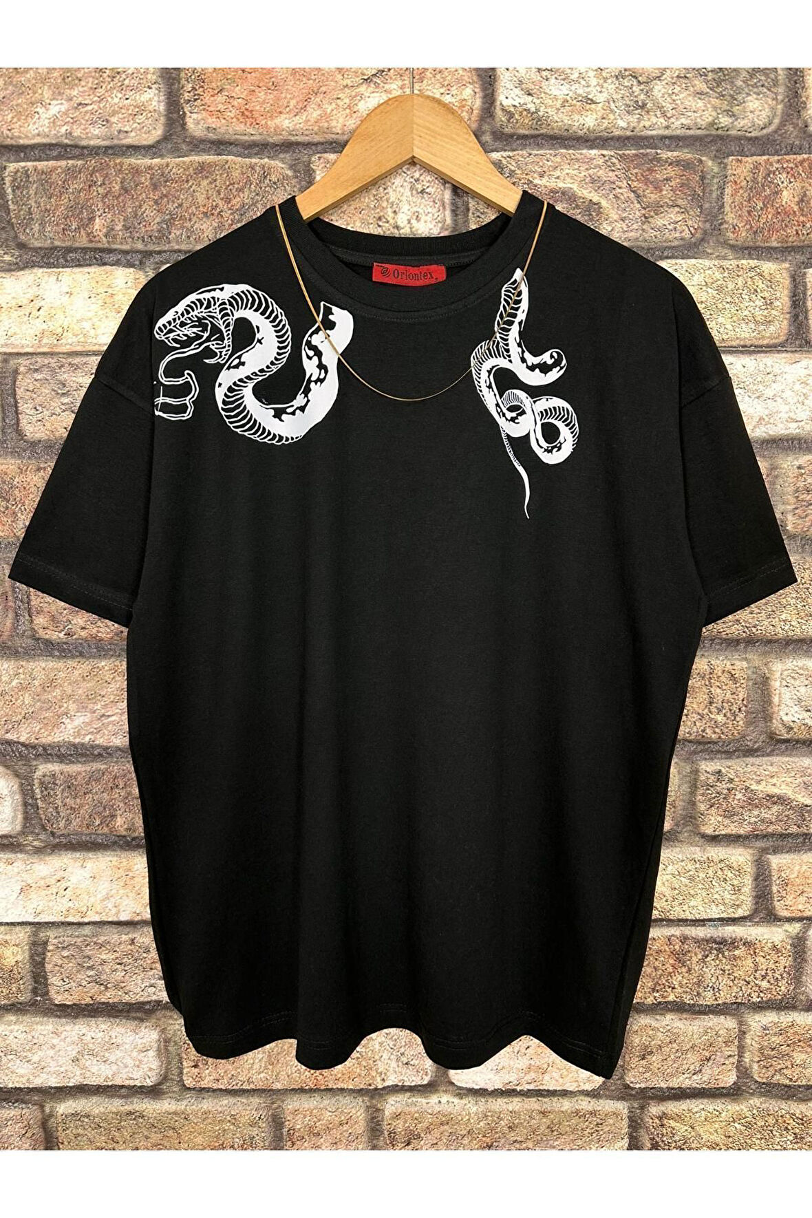 Erkek Yılan Baskılı Oversize Bisiklet Yaka T-Shirt