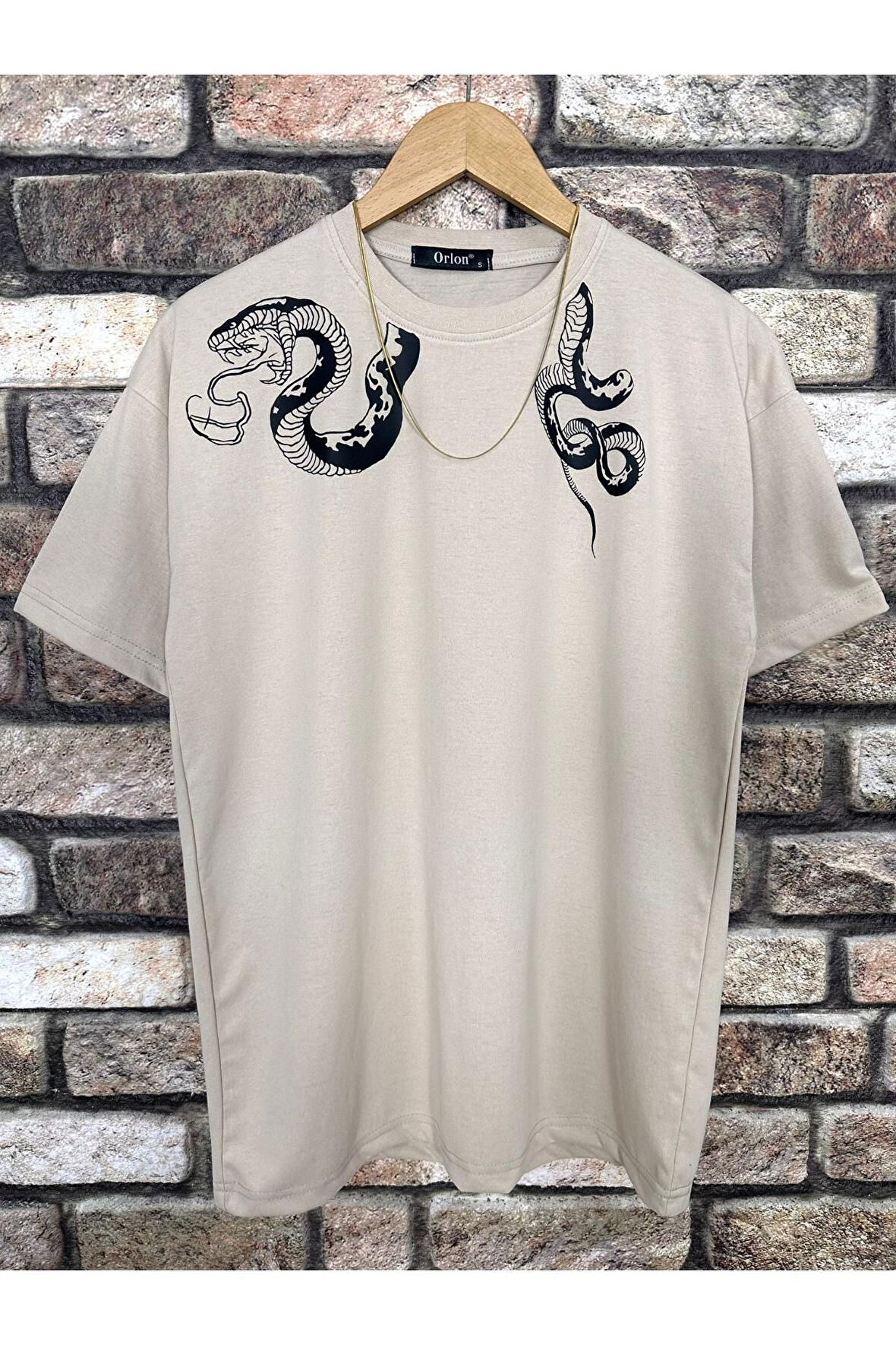 Erkek Yılan Baskılı Oversize Bisiklet Yaka T-Shirt