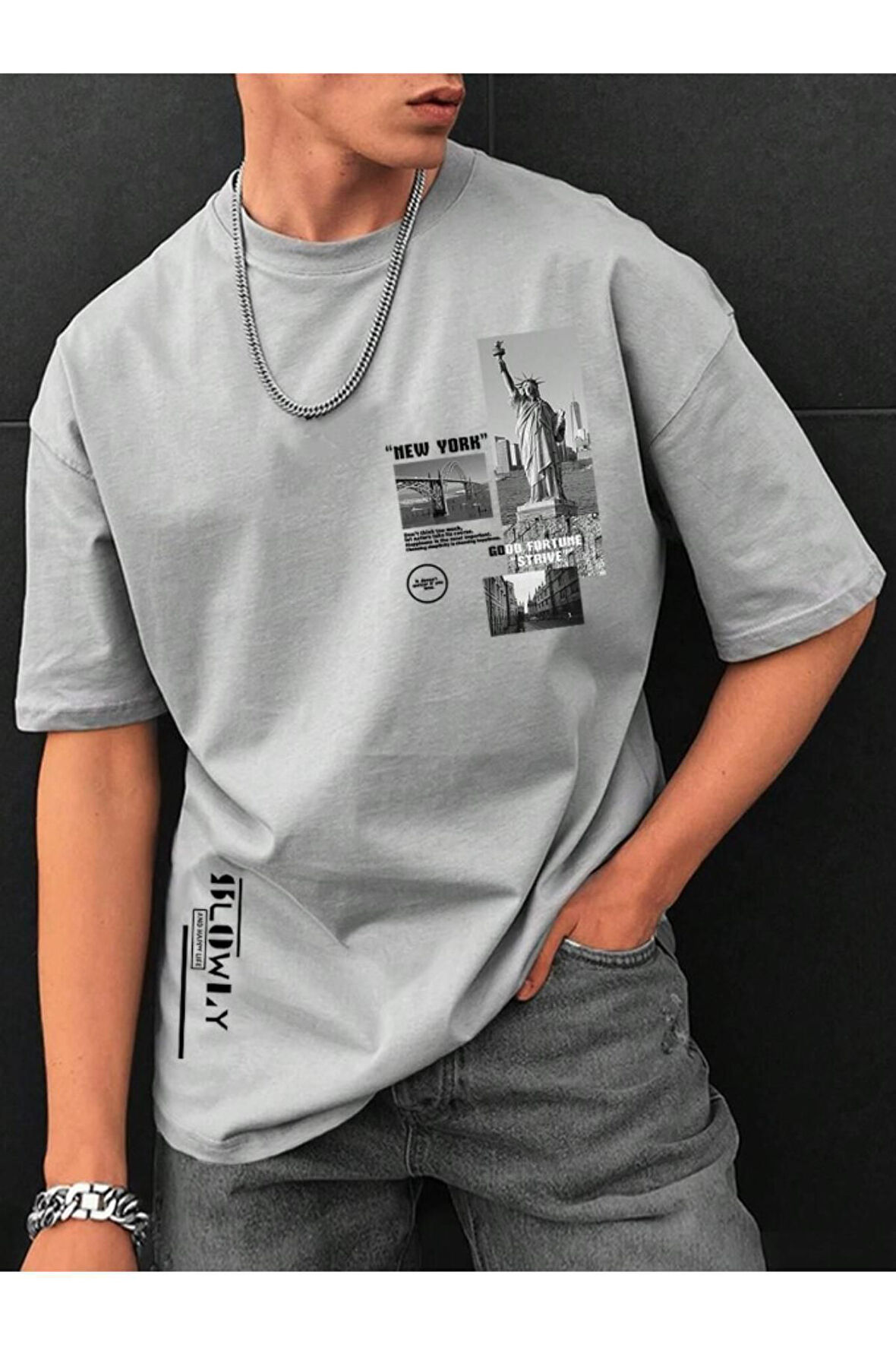 Erkek Slowly Baskılı Oversize T-shirt