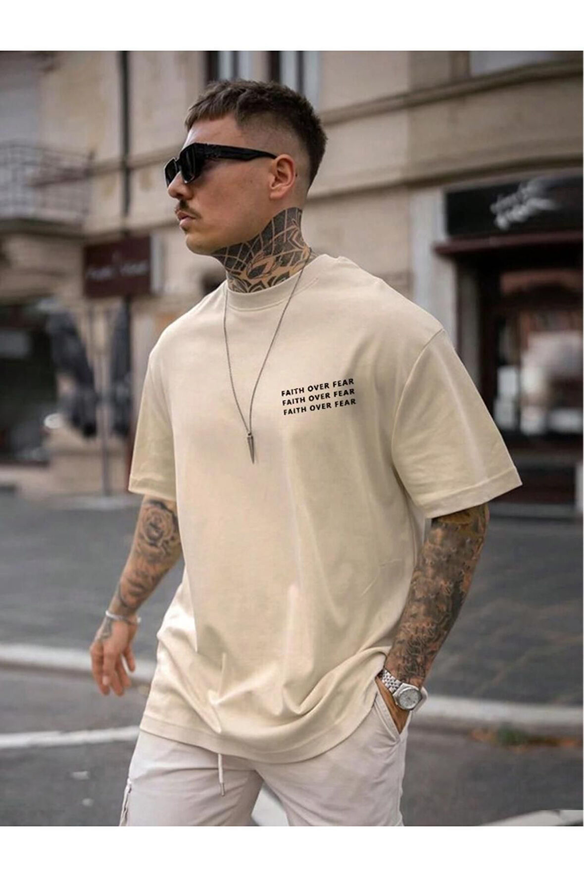 Erkek Faith Over Baskılı Oversize T-shirt