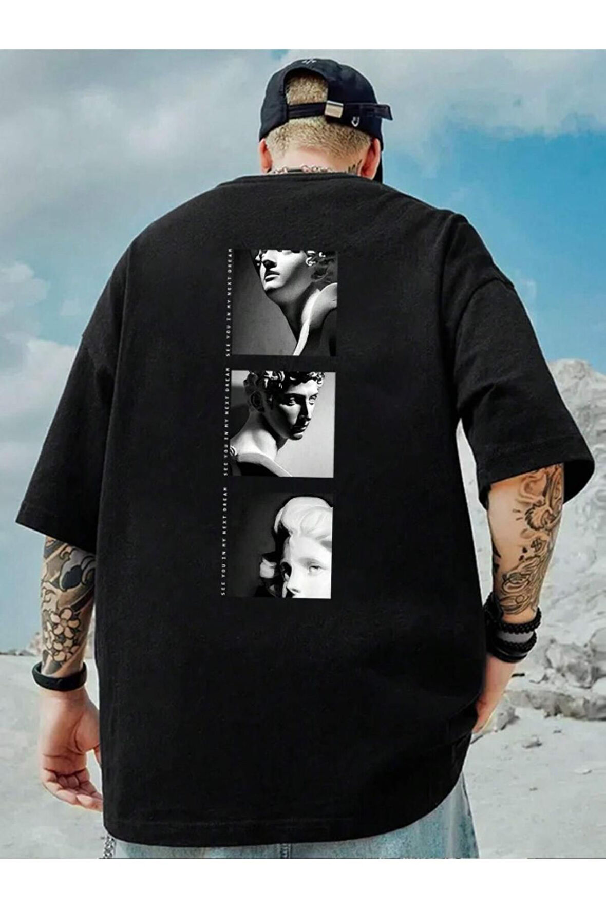 Erkek 3'lü Sırt Baskılı Oversize T-shirt
