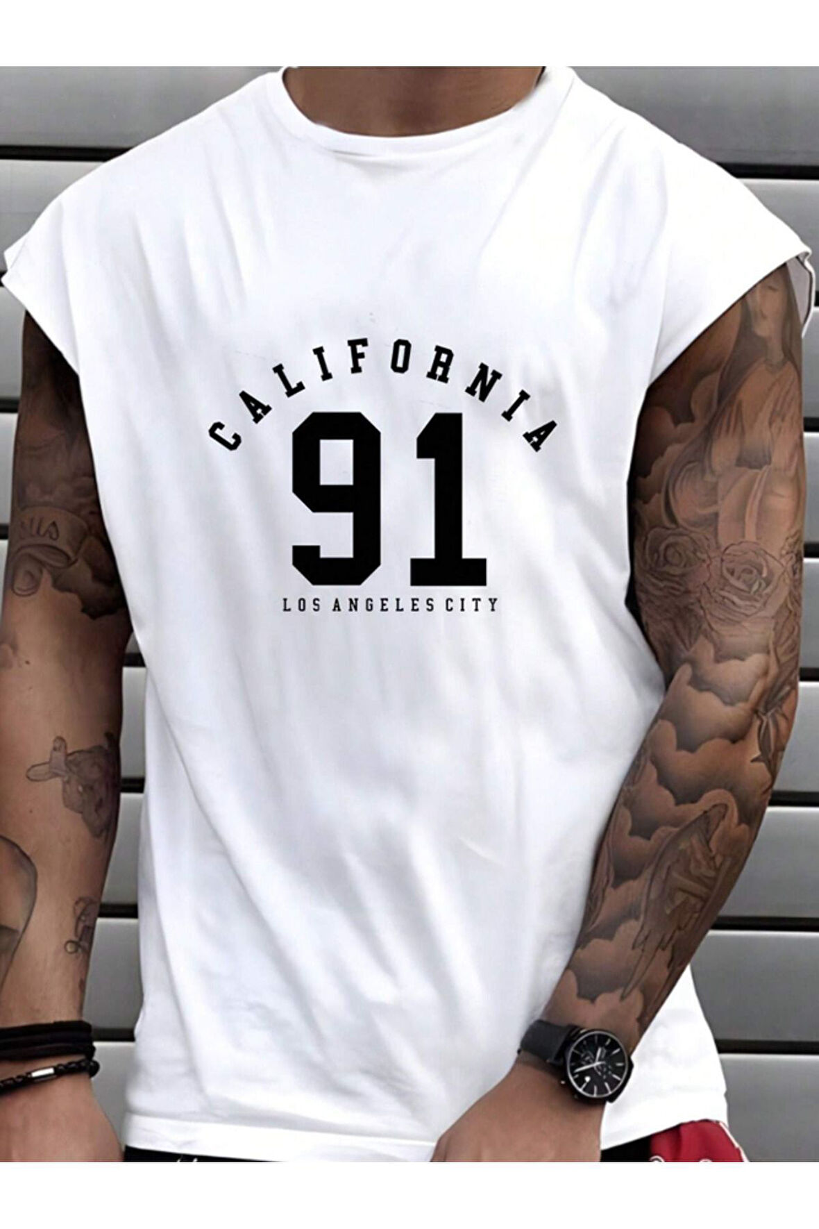 Erkek Beyaz California 91 Baskılı Kolsuz T-shirt