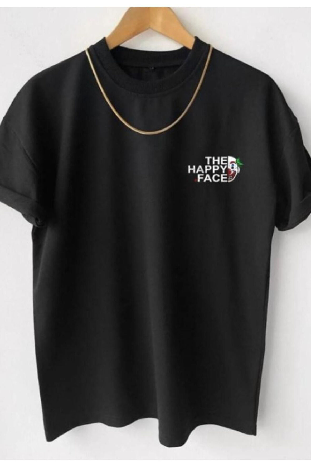 Erkek Siyah Happy Face Baskılı Oversize T-shirt