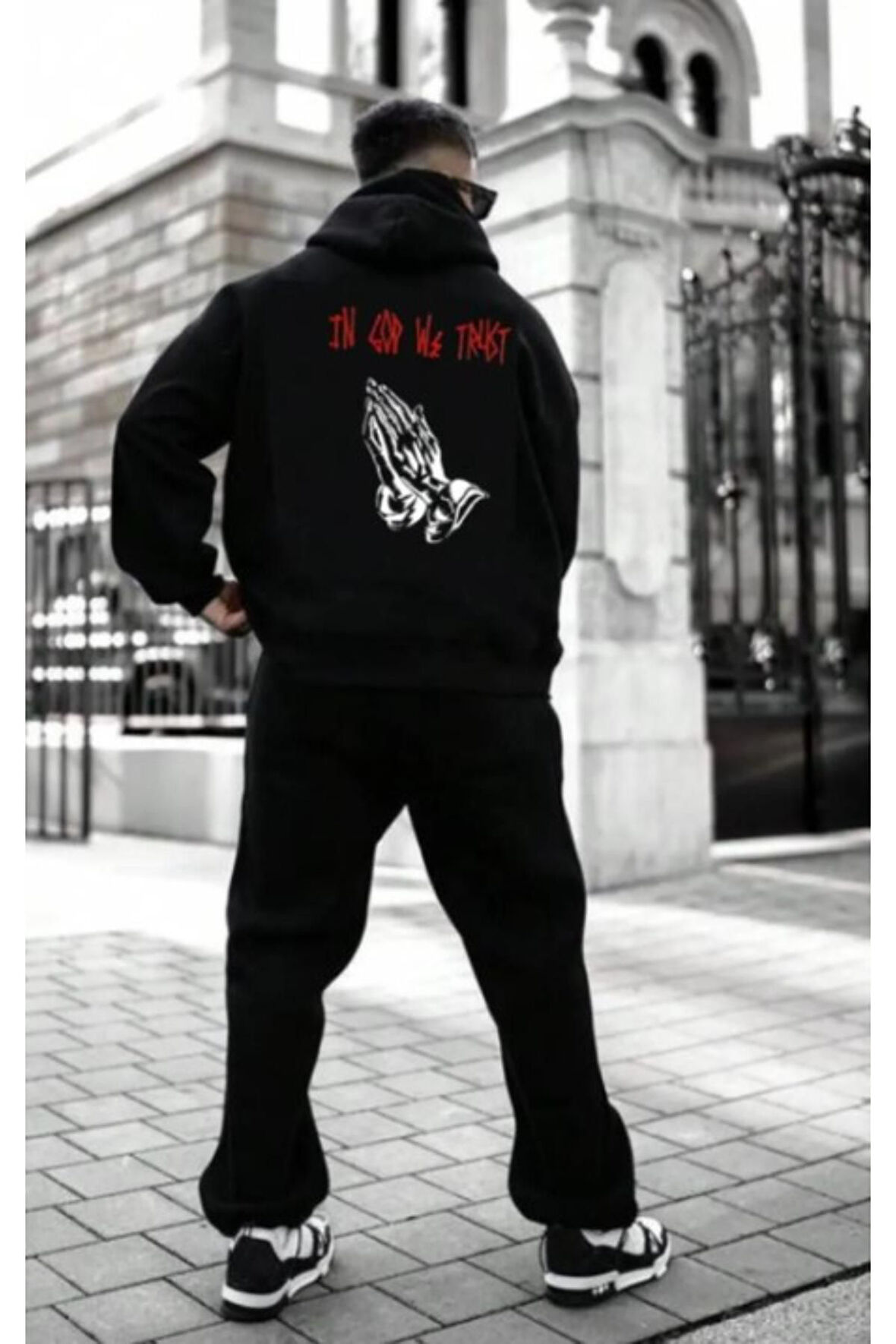 Erkek Siyah Sırt God We Baskılı Oversize Kapşonlud Sweatshirt