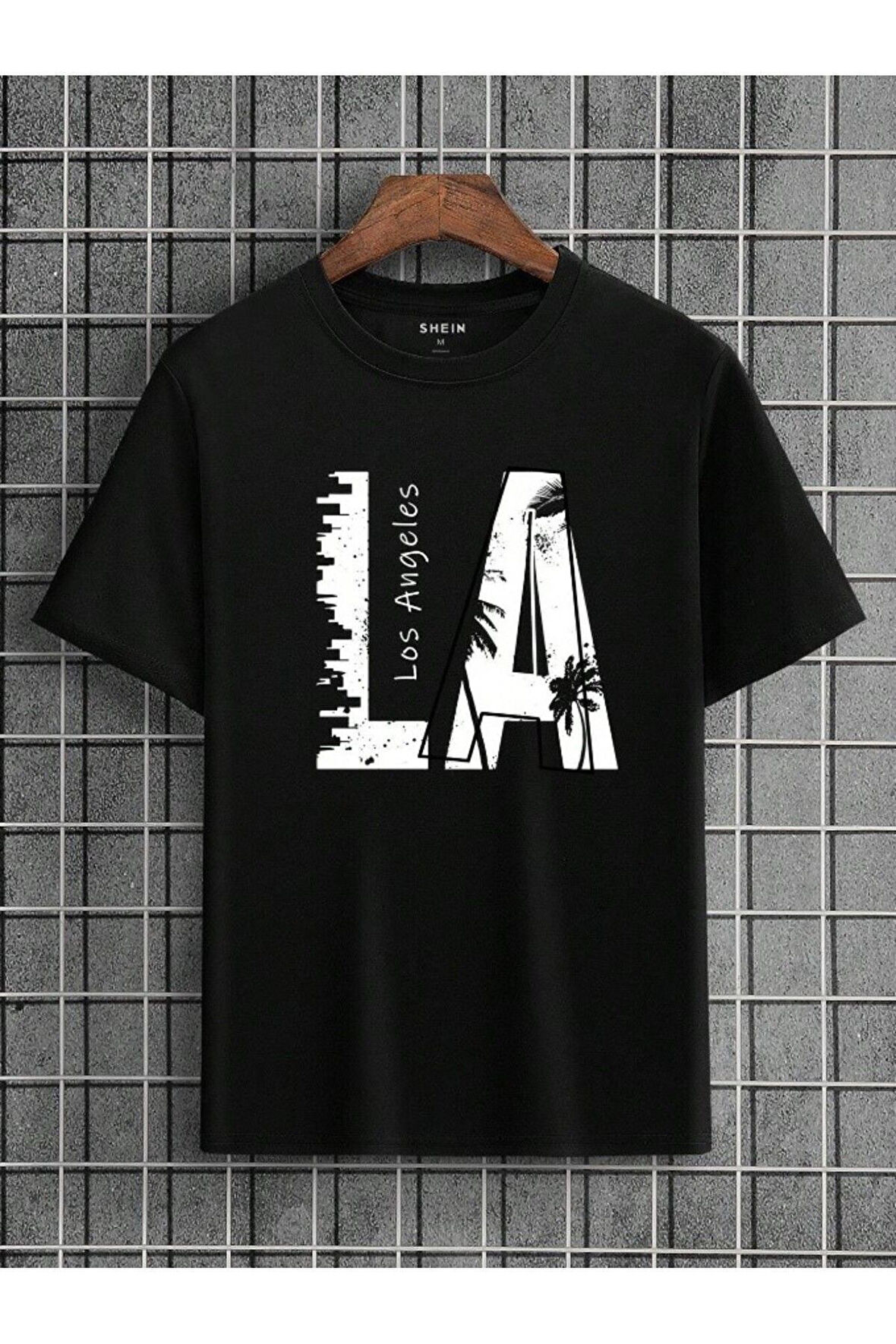 Erkek Siyah LA Baskılı Oversize T-shirt