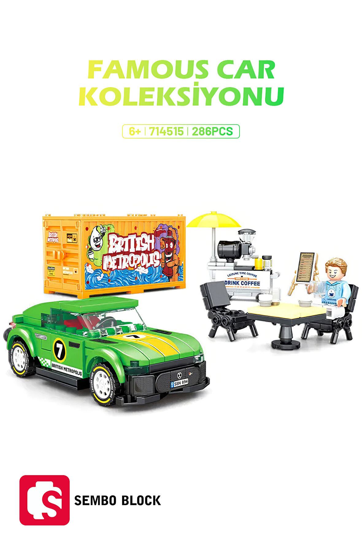Sembo Block Famous Cars Londra Yeşil Coupe araba 298 Parça Yapı blokları Lego ile uyumlu (714515)