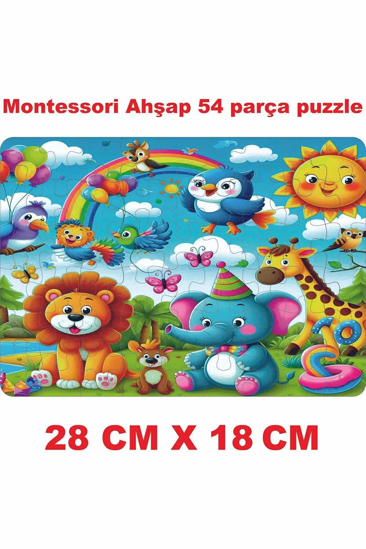 Rengarenk UV Baskılı Sevimli Hayvanlar Temalı Kumaş Keseli Montessori 54 Parça Ahşap Puzzle