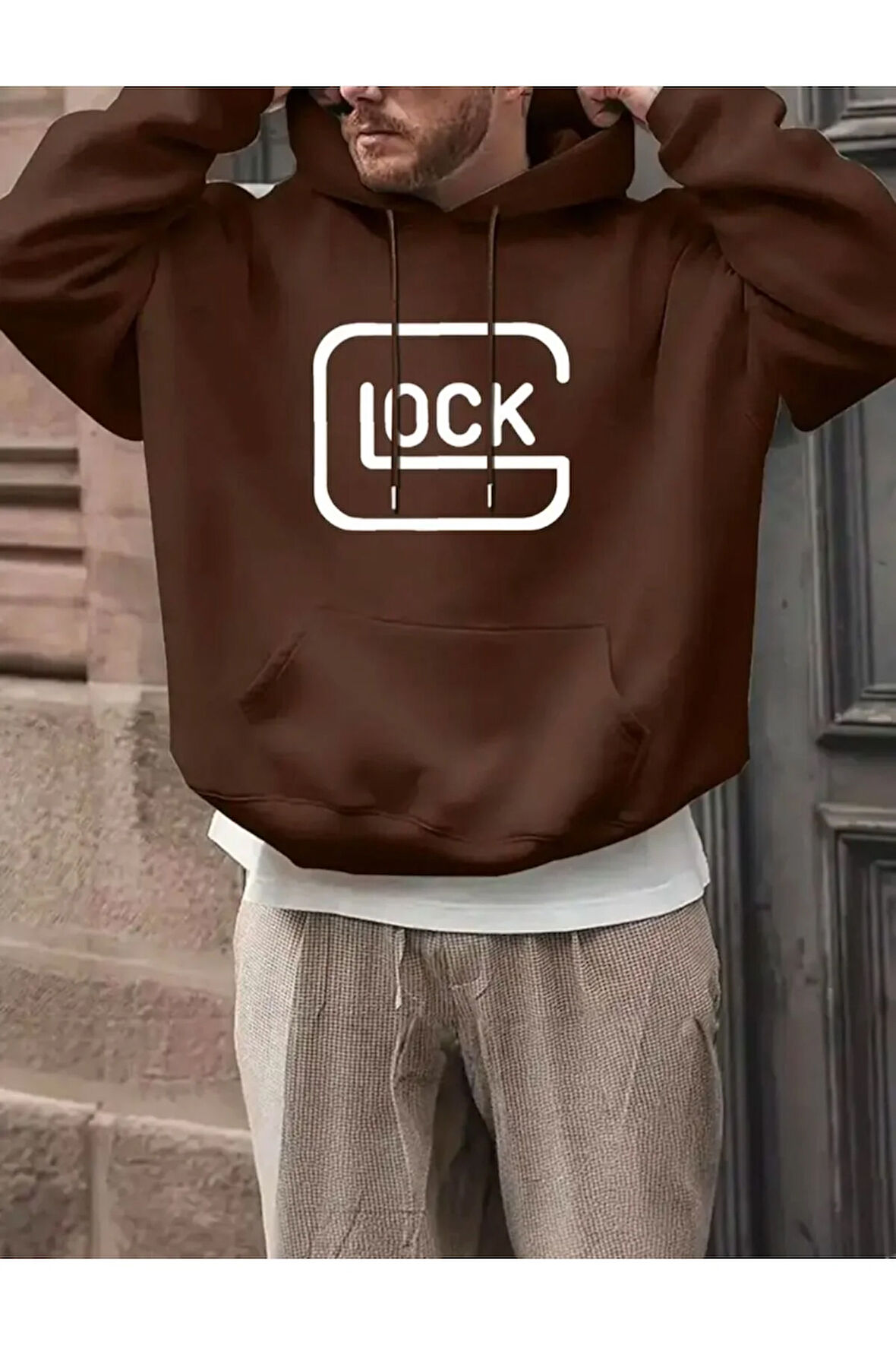 Lock Baskılı Kapüşonlu Cepli Sweatshirt