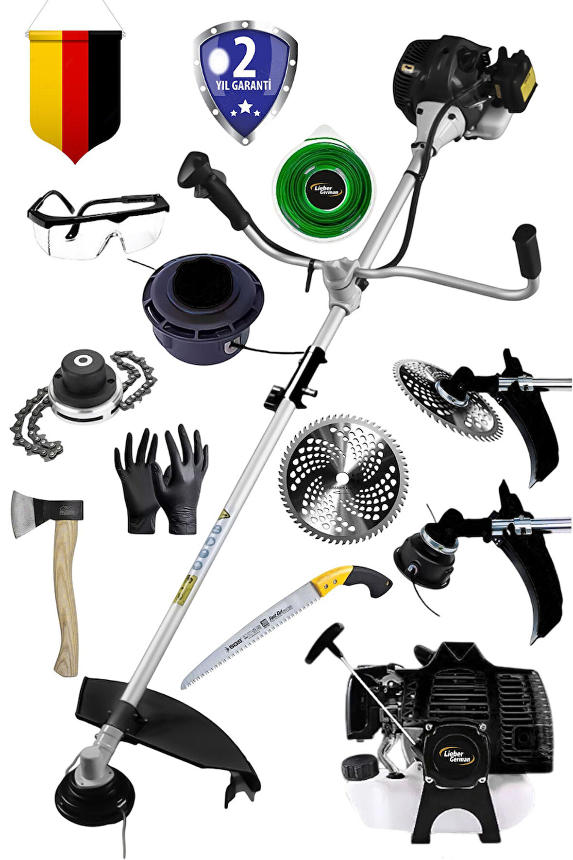 Lieber German LT9900 Yan Tipi Benzinli Motorlu Balta & Testereli Ot Çalı Çim Biçme Tırpan Makinesi