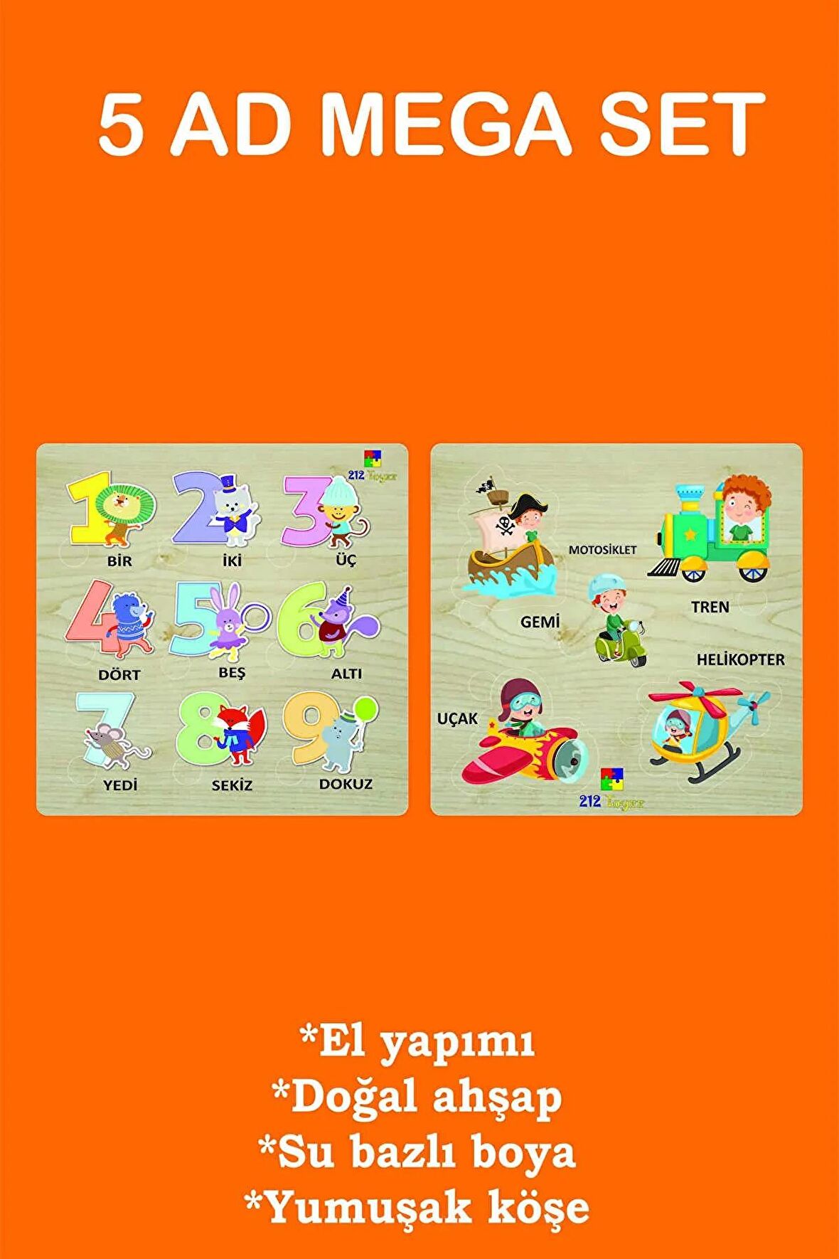 Eğitici Oyuncak Taşıtlar, Rakamlar, Meyveler, Geometrik Şekiller ve Orman Hayvan 5 Adet Puzzle Set