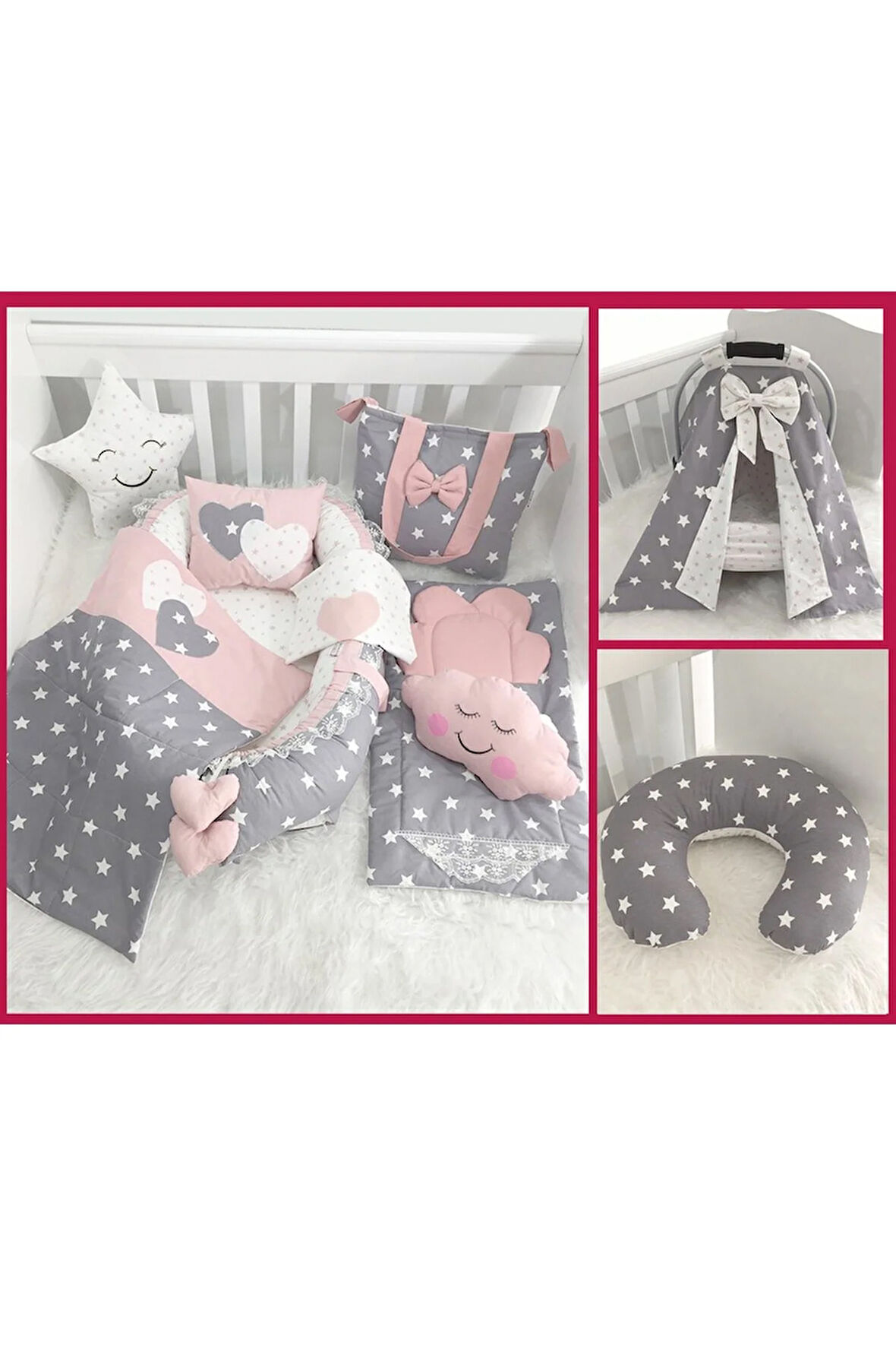 Nest Gri Ve Pudra Yıldızlı 11 Parça Full Set Lüx Jaju-babynest Anne Yanı Bebek Yatağı