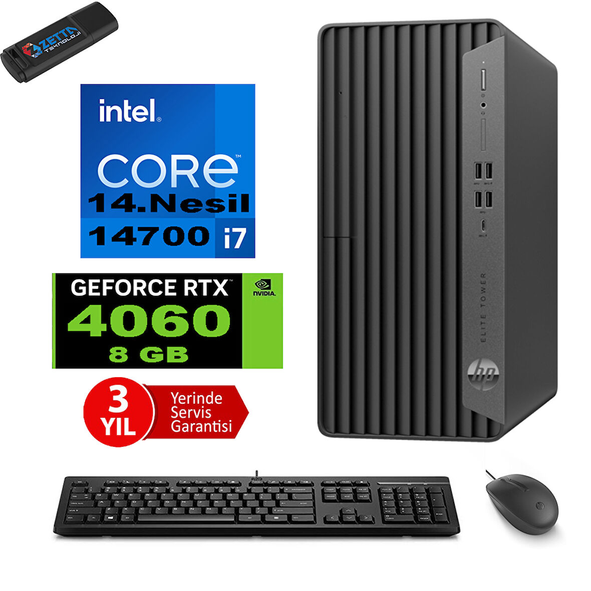 Hp Elite Tower 800 G9 Intel Core I7 14700 64GB Ddr5 2tb HDD + 1tb SSD M.2 Nvme Geforce RTX4060 8gb Windows 11 Pro Masaüstü Bilgisayar 999Z5ET16 + Zetta Flash Bellek