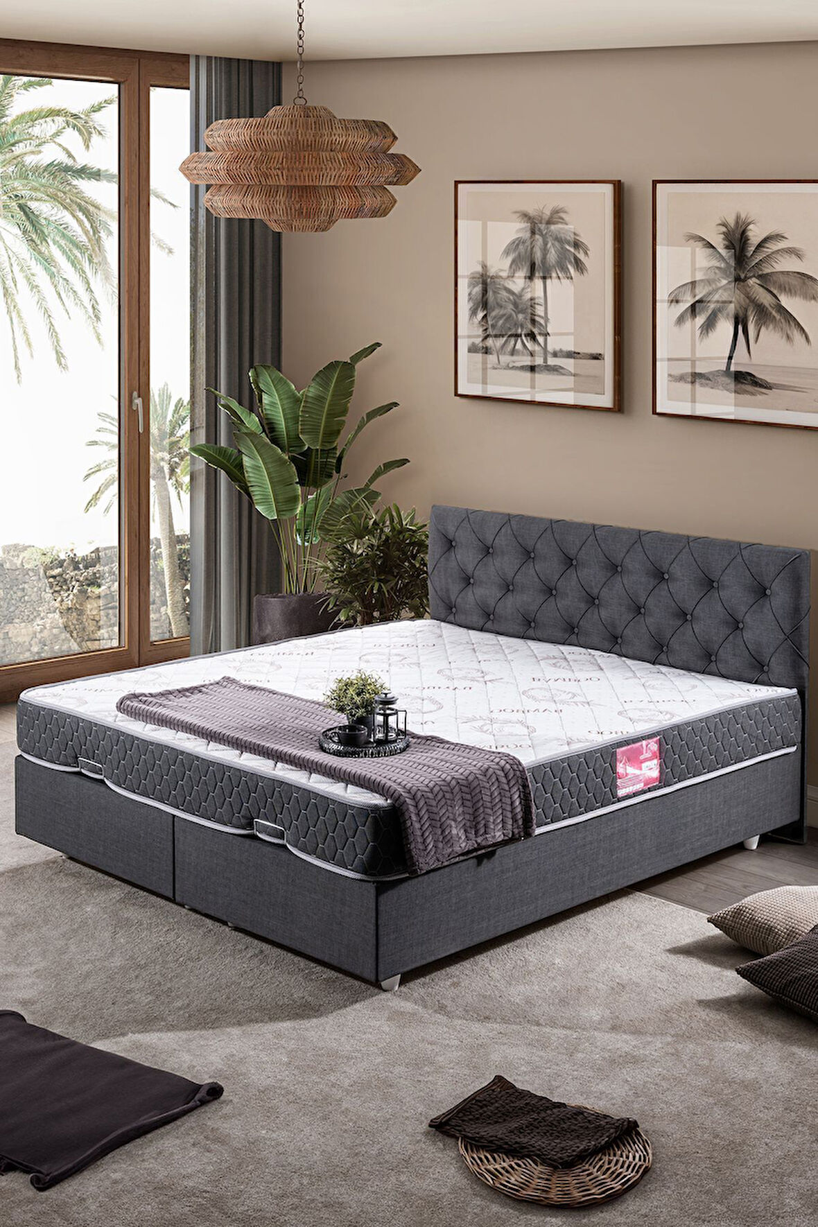 Eylül Çift Kişilik Baza Başlık Letto Yatak Seti, Gri
