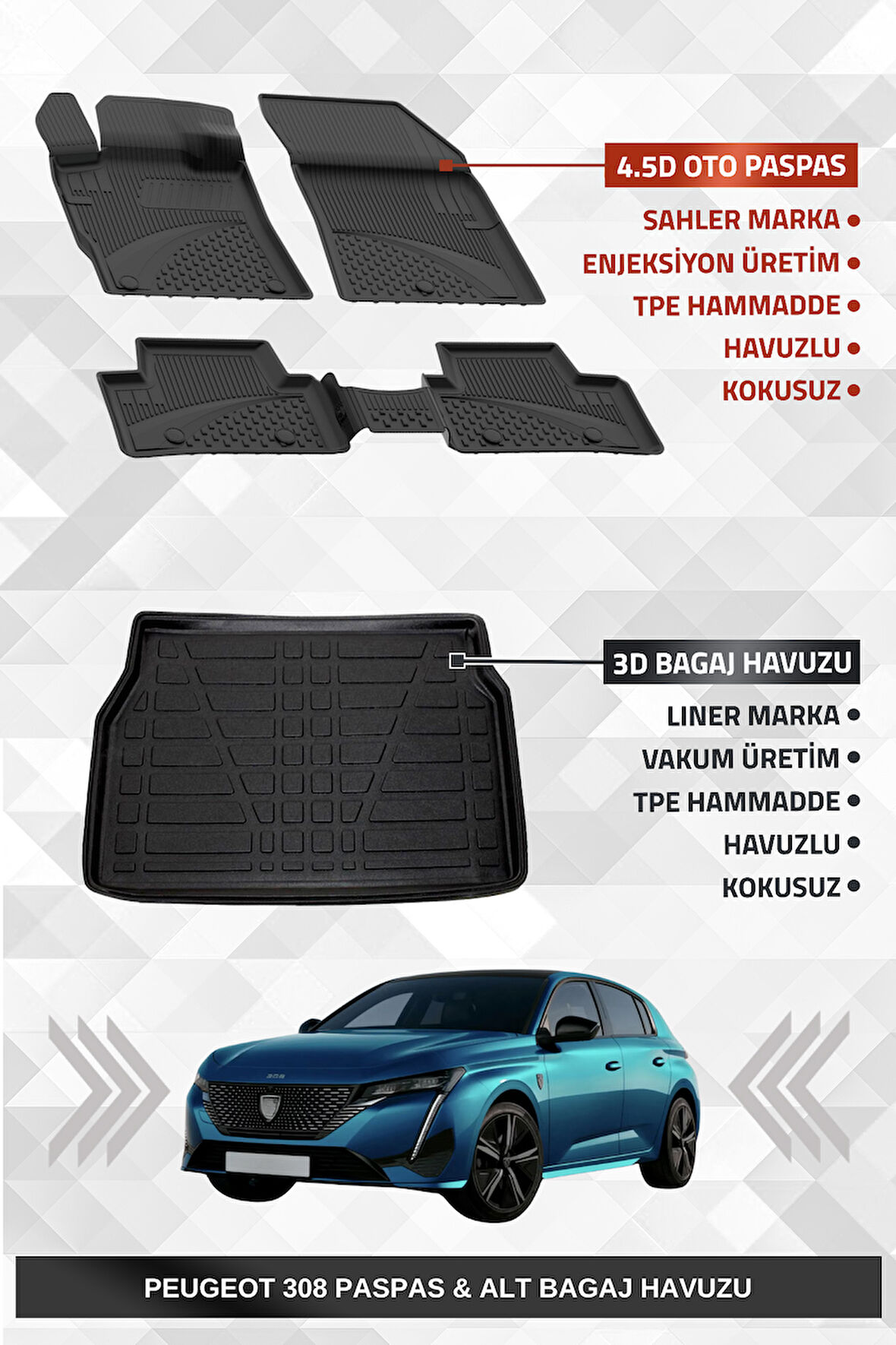 Sahler Peugeot 308 2022+ Uyumlu 4.5D Premium Havuzlu Oto Paspas ve Liner Marka 3D Bagaj Havuzu