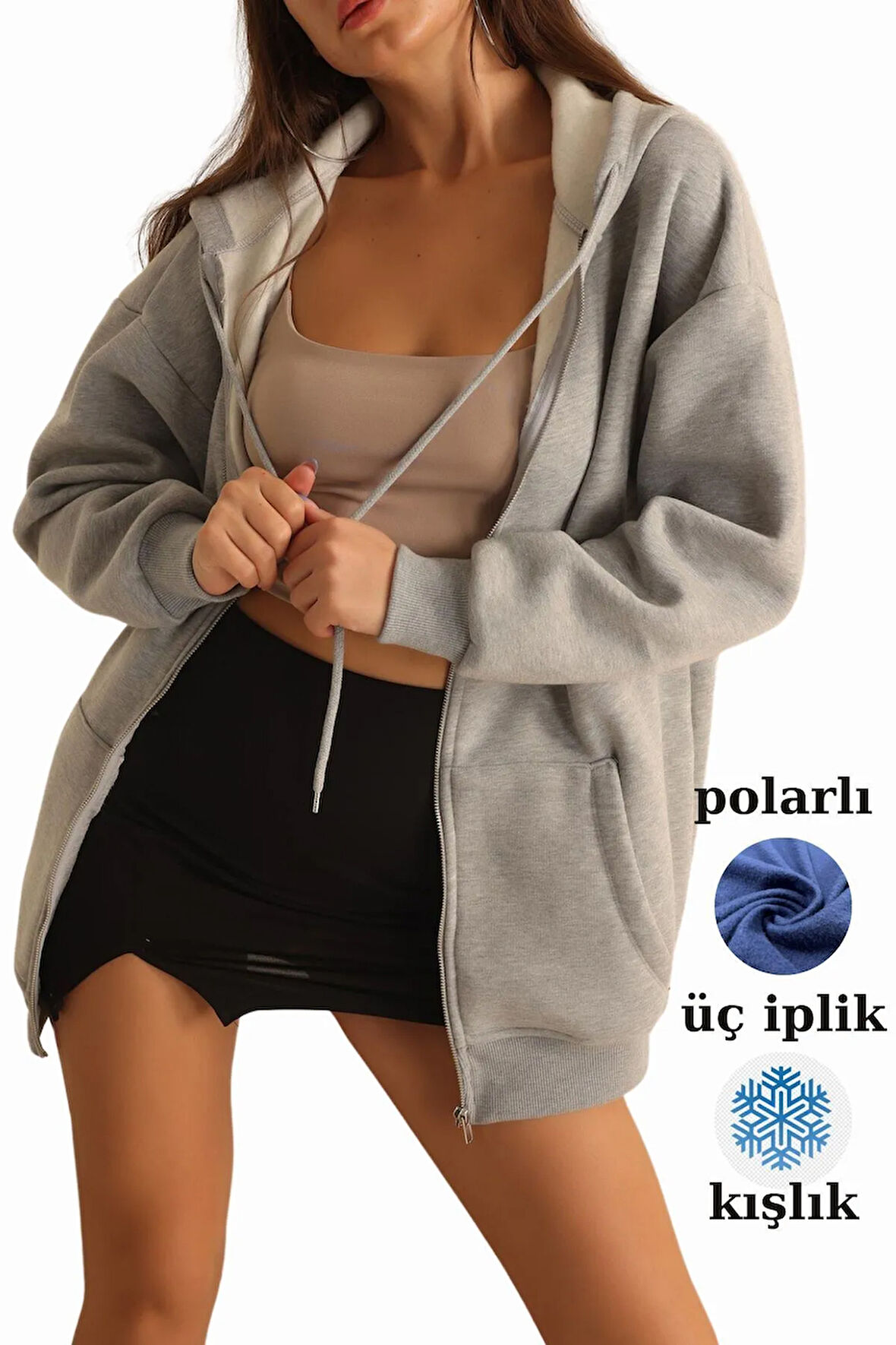 Gri Fermuarlı Kışlık Oversize Sweat Hırka