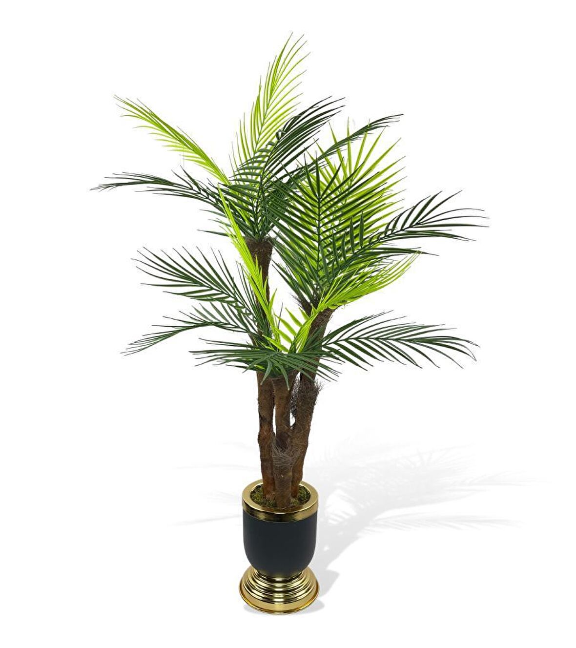Yapay Ağaç Areka Palmiye Metal SiyahGold Lüks Vazoda 3Katlı 18Yaprak 110cm Salon Çiçeği Yapay Çiçek