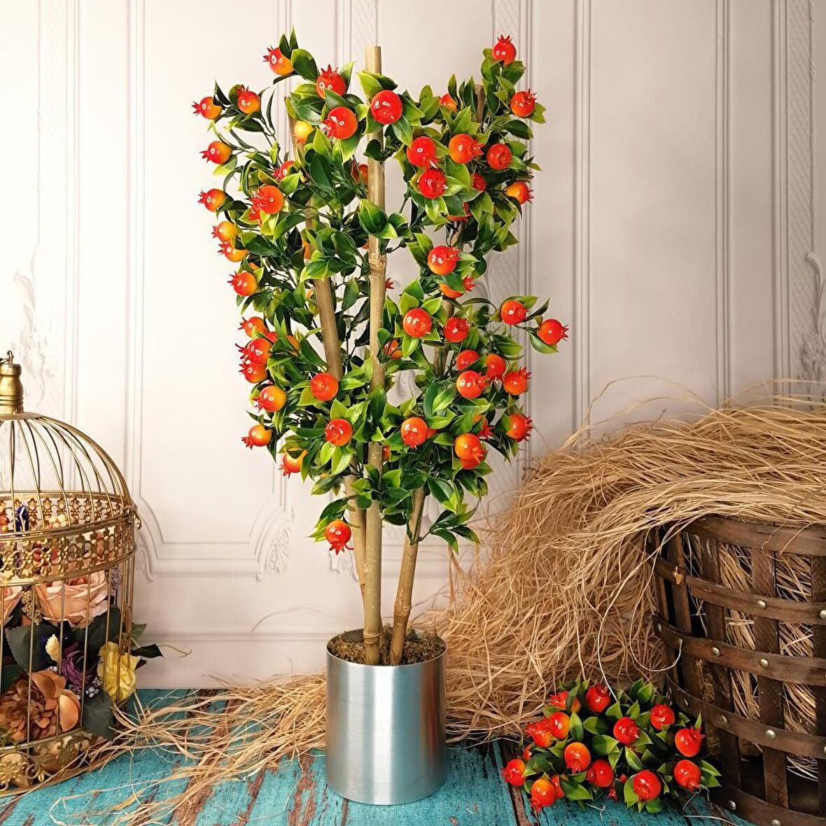 Yapay Ağaç Nar Ağacı 75CM Gür Yapraklı Gümüş Paslanmaz Aleminyum Saksılı